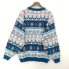 Vintage Pattern Blue Crew Neck Knit Sweater Size M