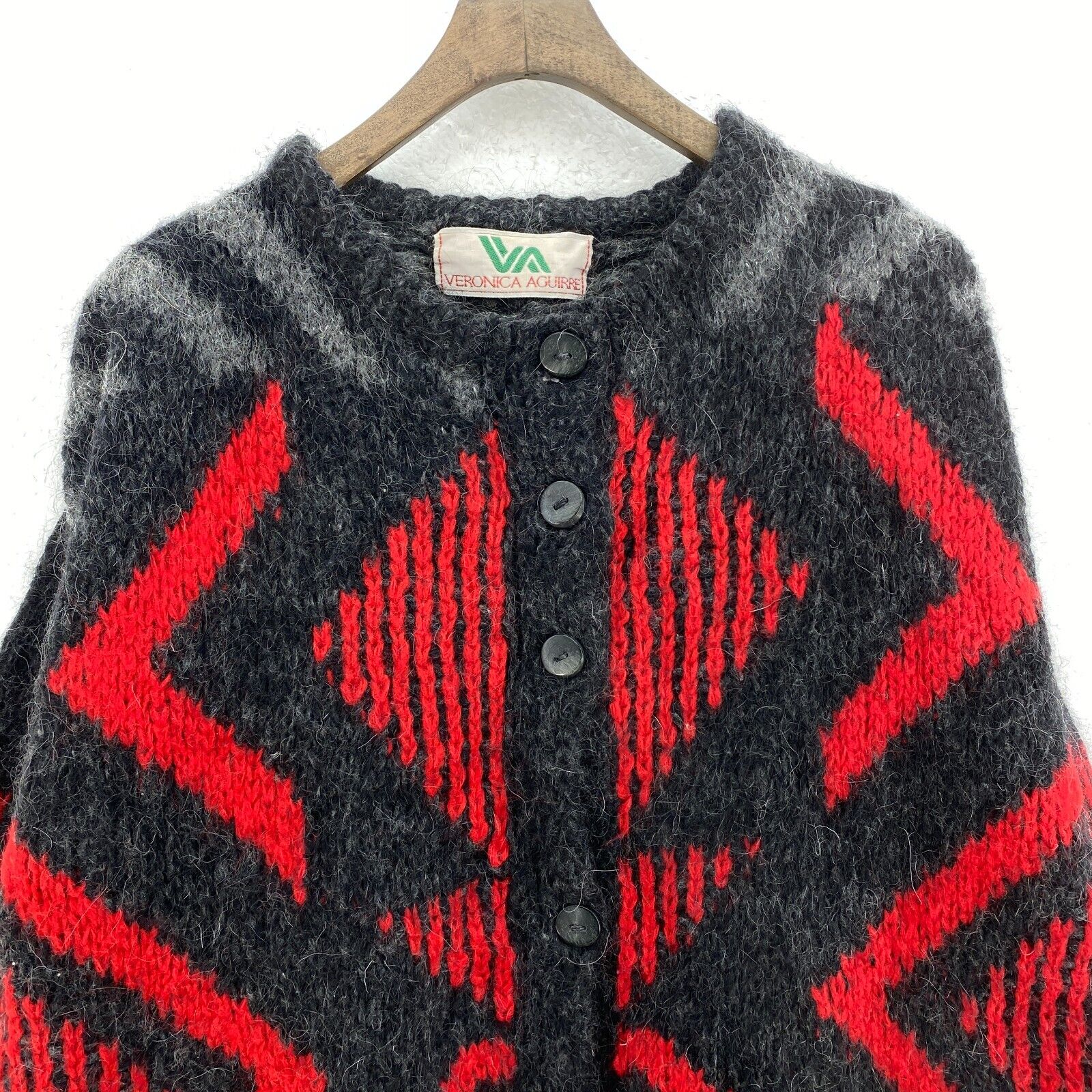 Vintage Wool Knit Gray Red Button Up Cardigan Sweater Size M