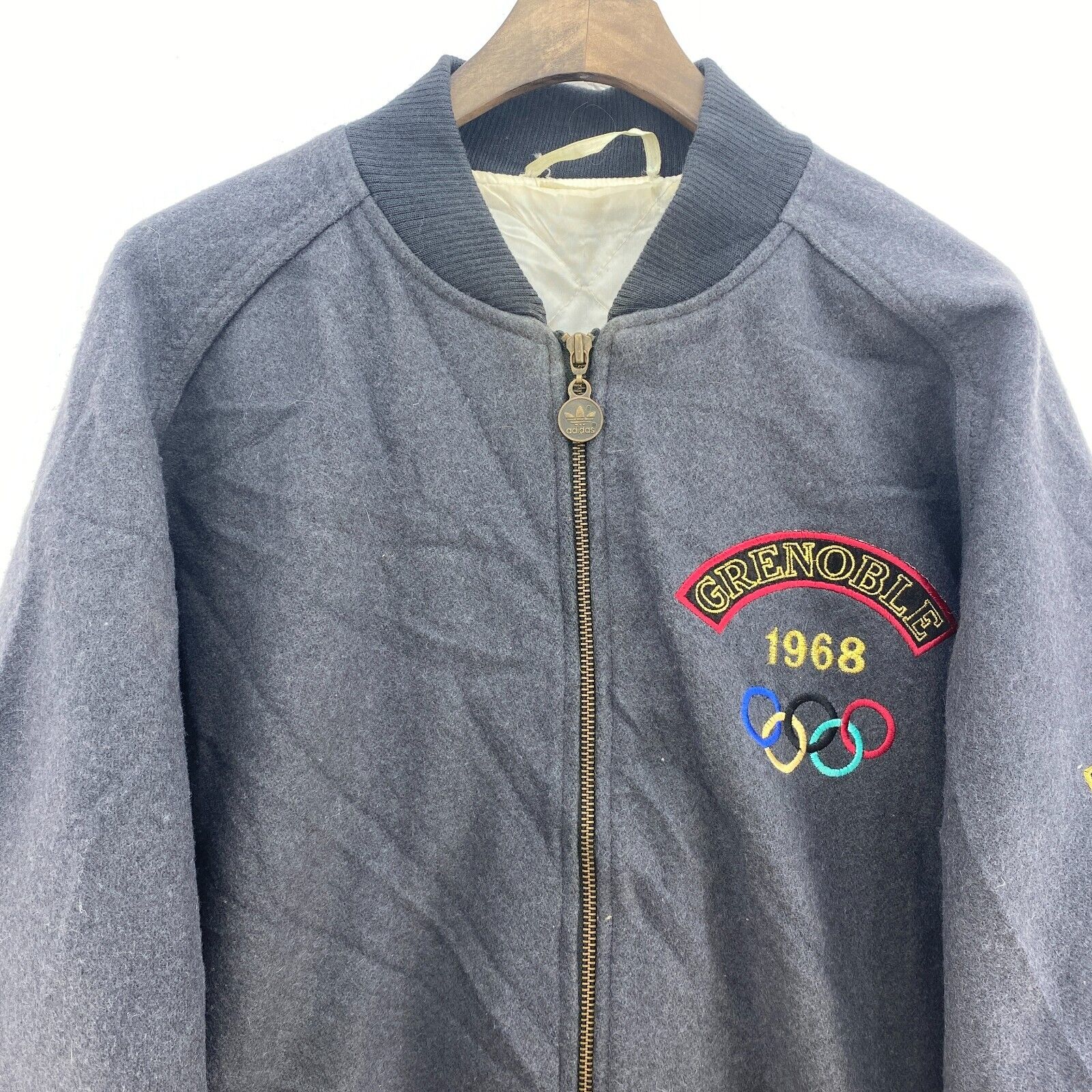 Adidas 3 Stripe Grenoble Olympics Full Zip Gray Bomber Jacket Size M