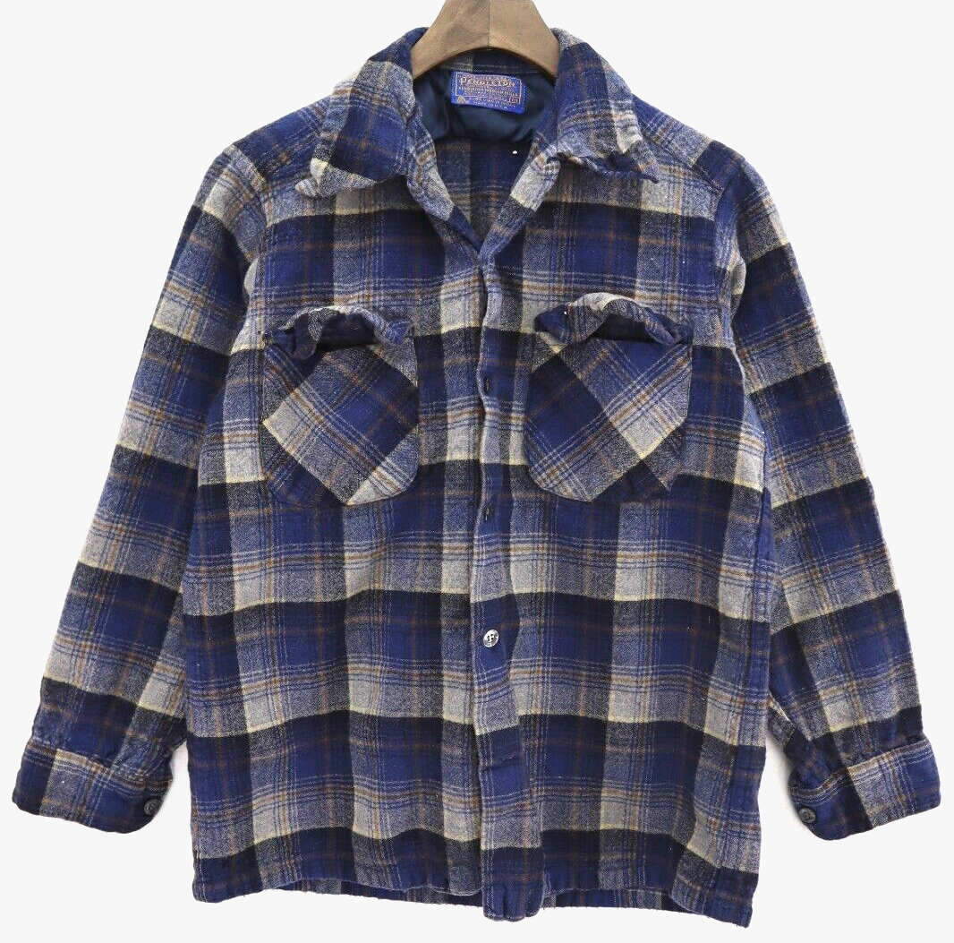 Vintage Pendleton Blue Checked Double Pocket Wool Button Up Shirt Size M