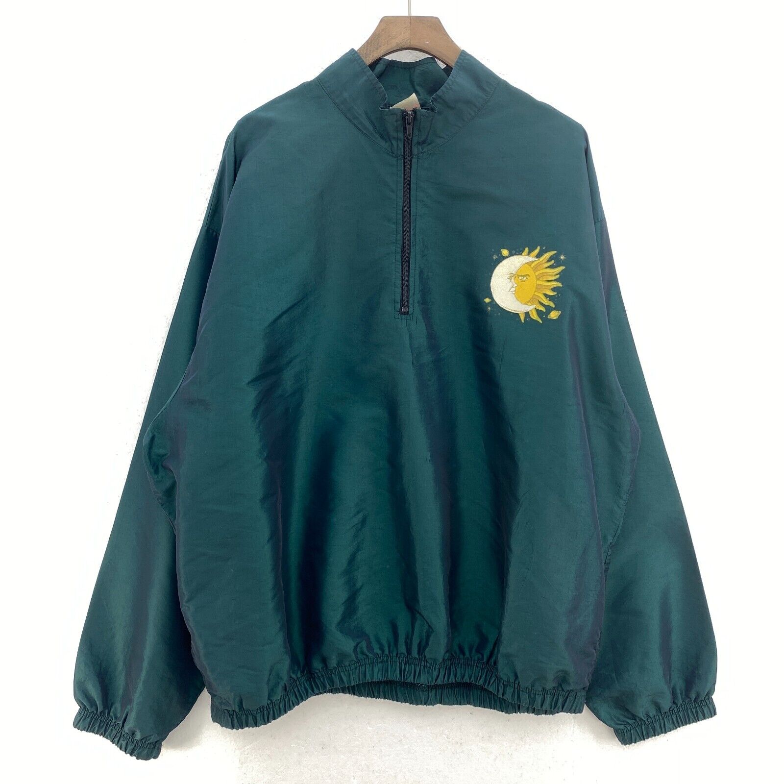 Surf Style Green Sun And Moon Print Quarter Zip Windbreaker Jacket Size XL