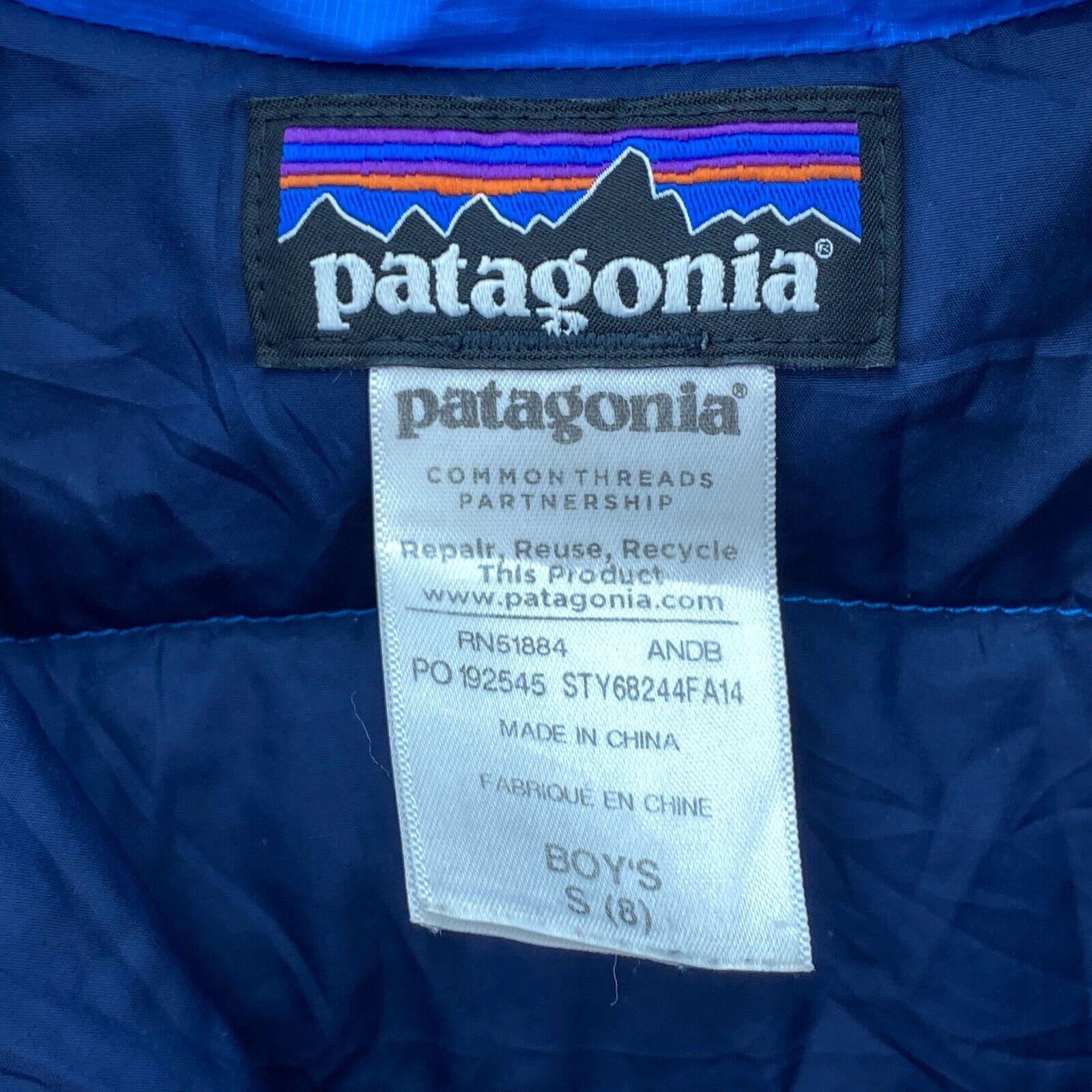 Vintage Patagonia Logo Full Zip Blue Down Puffer Jacket Size S Boys