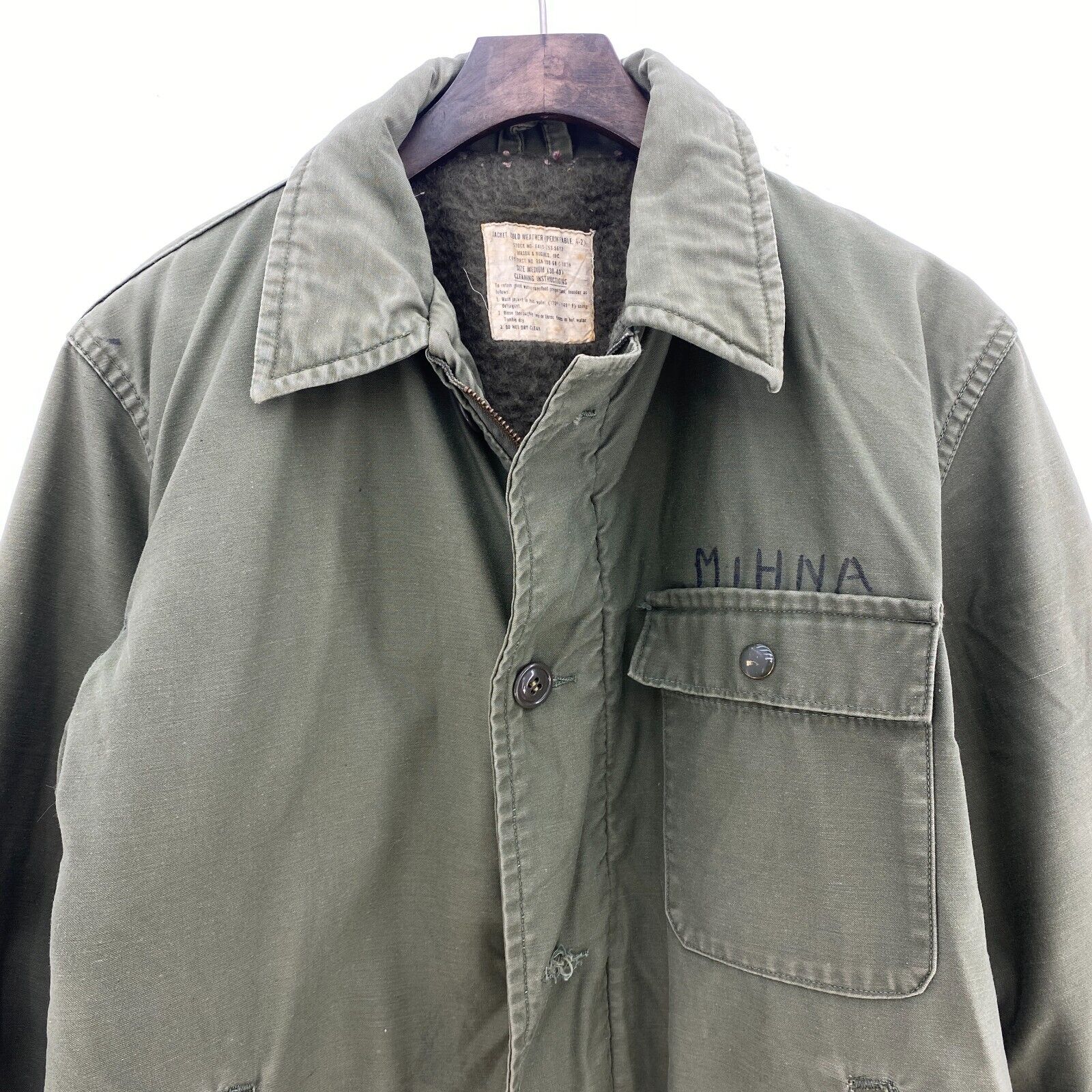 Vintage 1970s Military m-1 Stencil deck Jacket Green Large