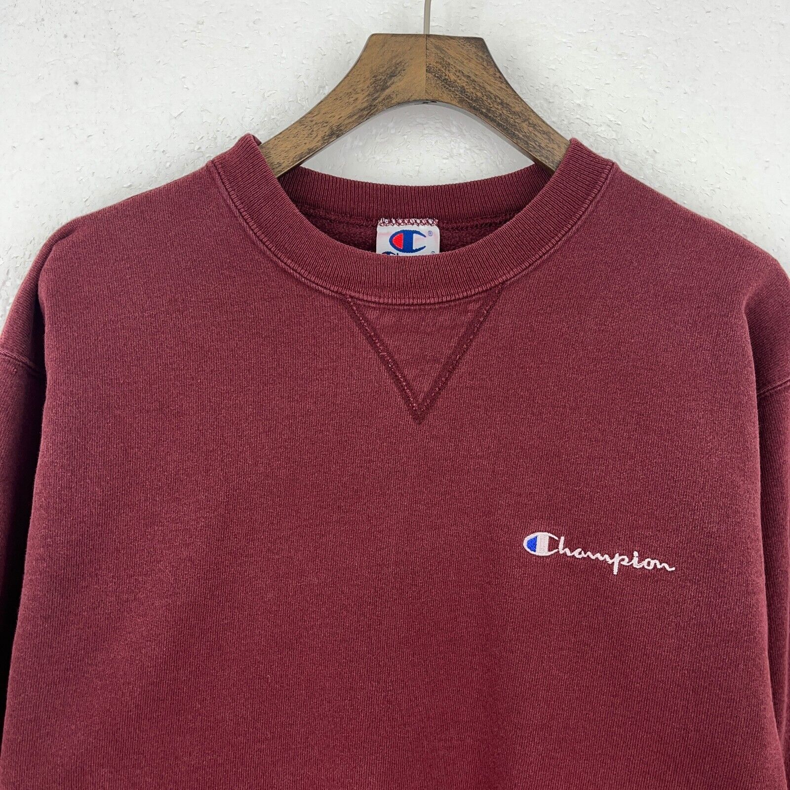 Vintage Champion Logo Crew Neck Burgundy Red Sweatshirt Size L