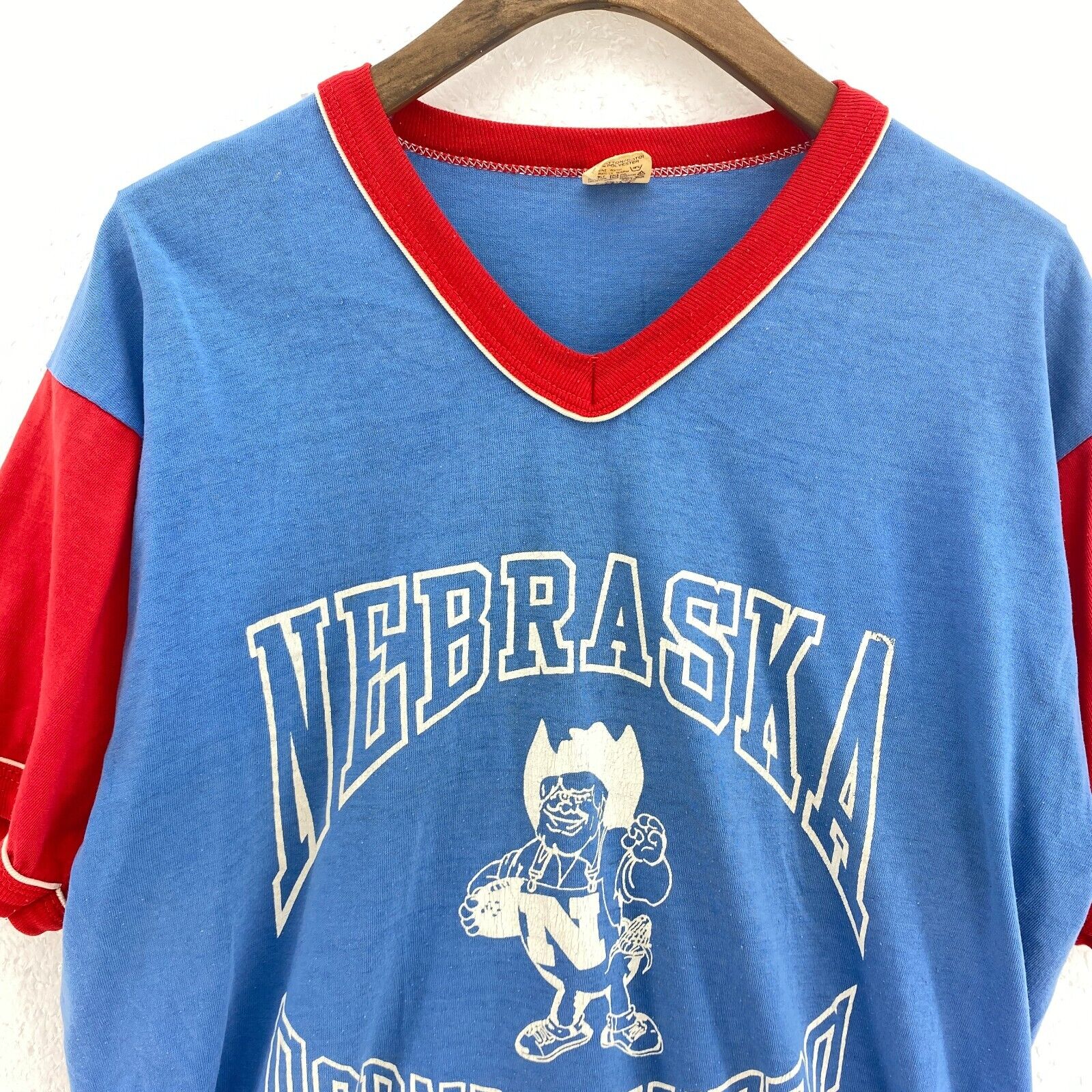 Russell Athlethic Ringer Nebraska Cornhuskers NCAA Blue V-Neck T-shirt Size L