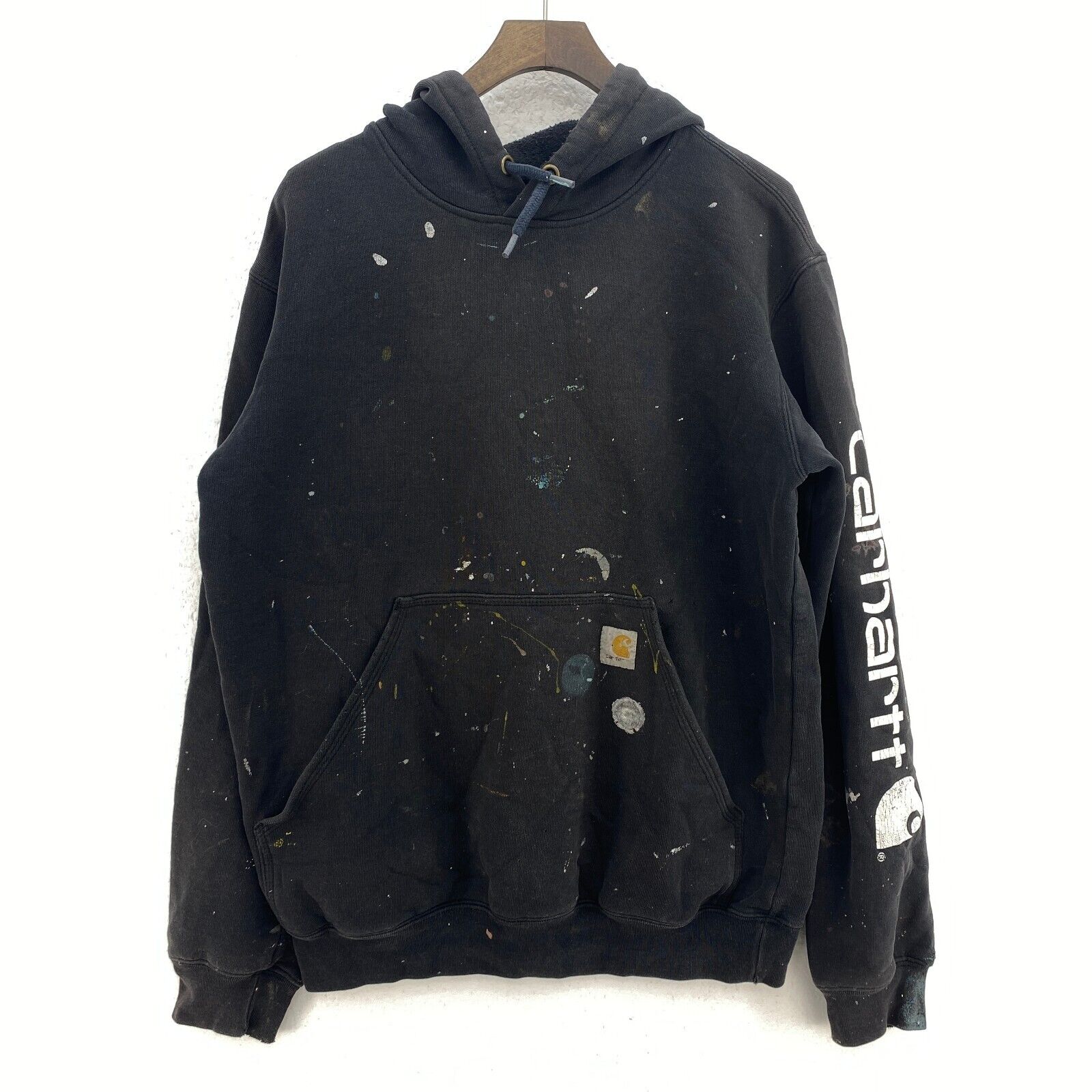 Carhartt Distressed Workwear Black Hoodie Size L Sleeve Spell Out