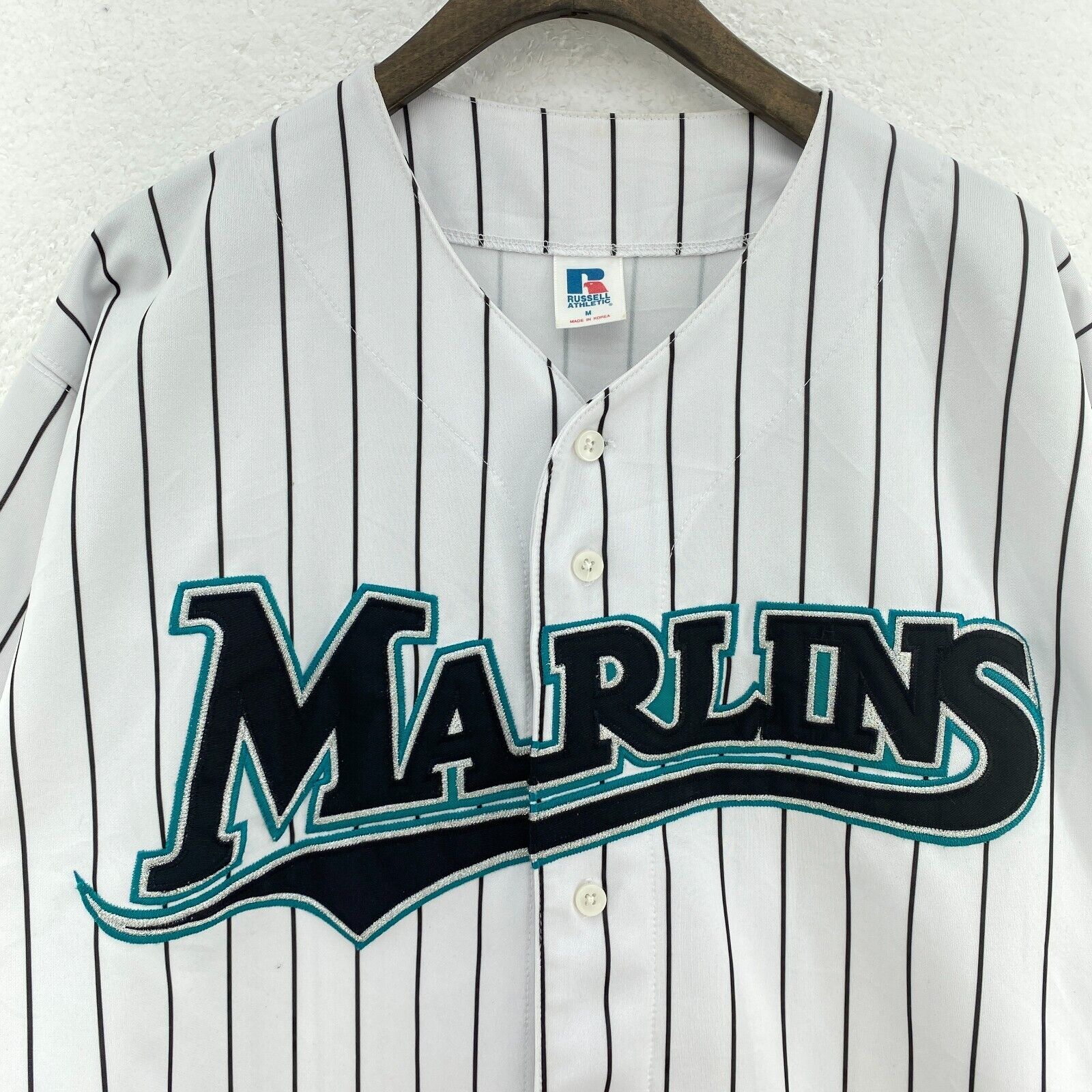 Russell Athlethic Pin Stripe White Button Up Florida Marlins MLB Jersey Size M