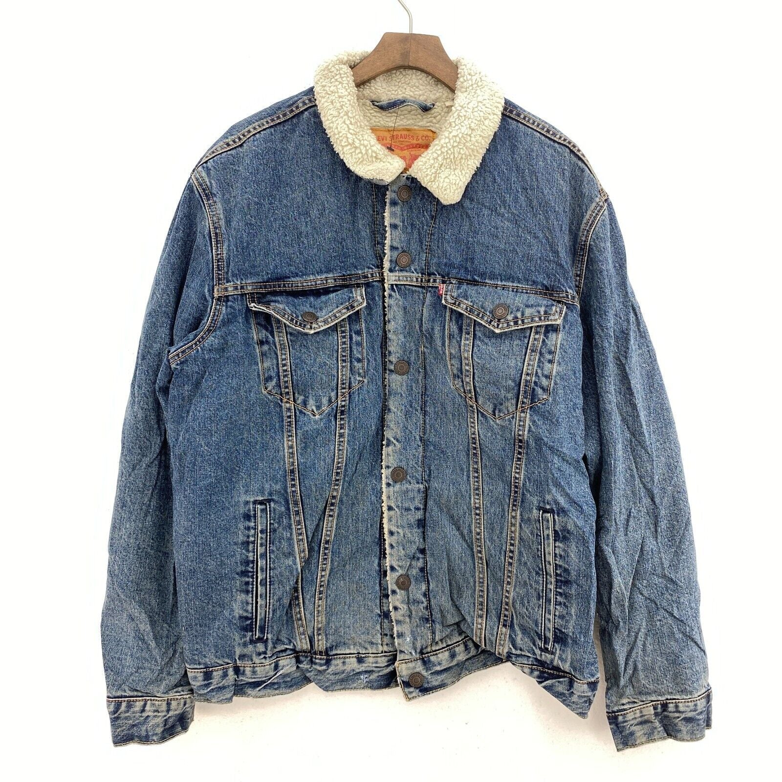 Levi Strauss Sherpa Lined Button Up Medium Wash Blue Denim Jacket Size XL