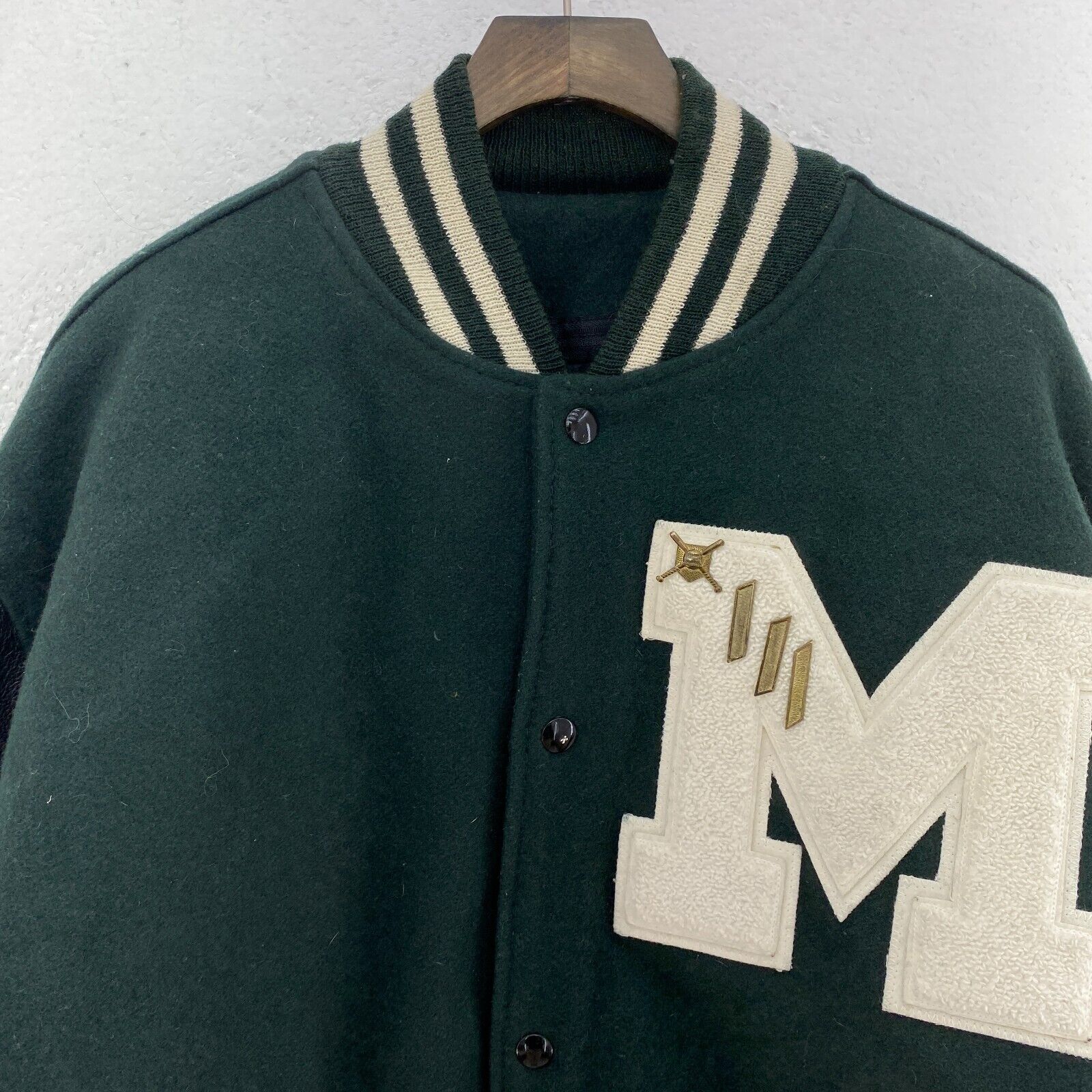 Vintage Medina Baseball Green Snapped Bomber Jacket Size 2XL Leather Sleeve