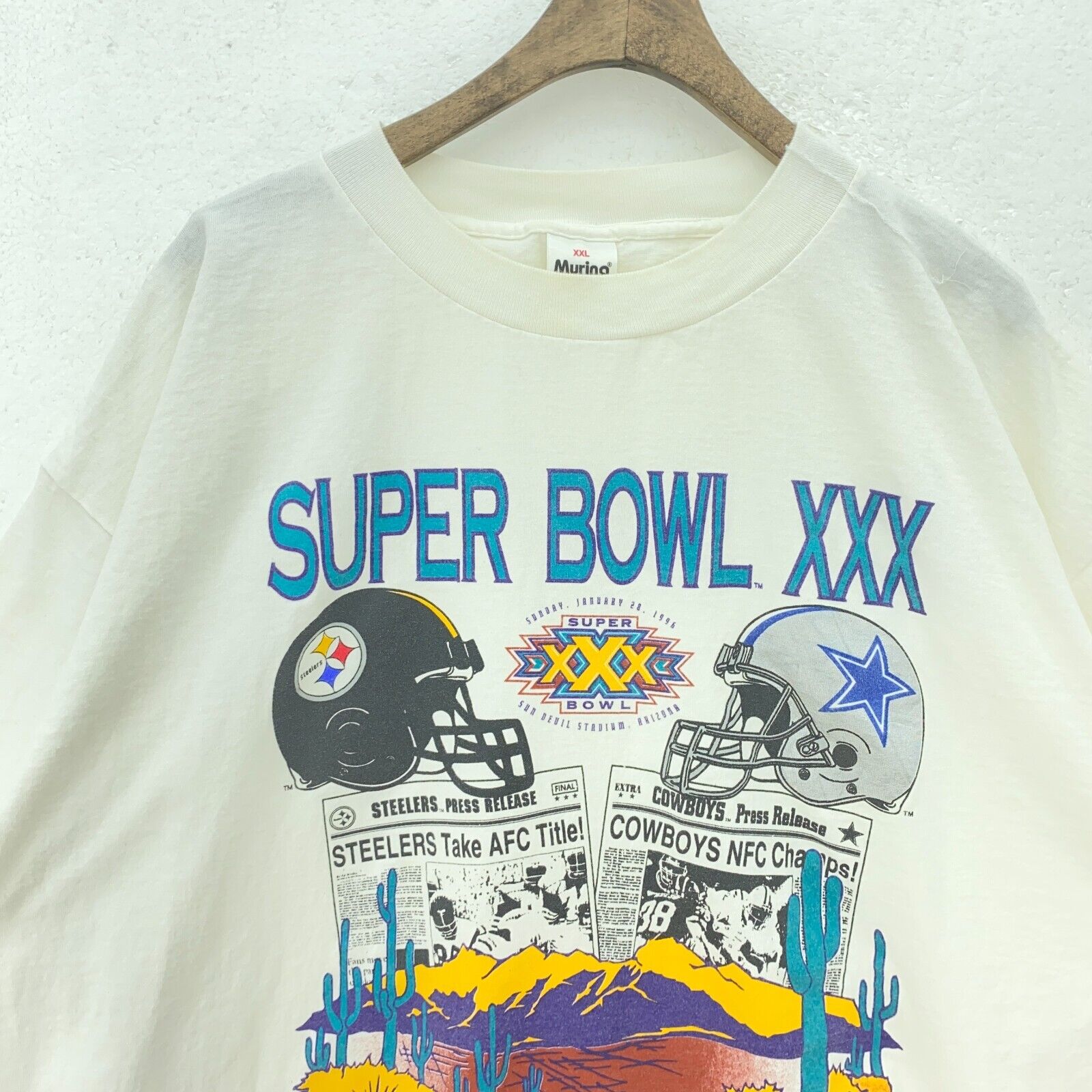 Super Bowl Pittsburgh Steelers Dallas Cowboys 1996 NFL White T-shirt Size XXL