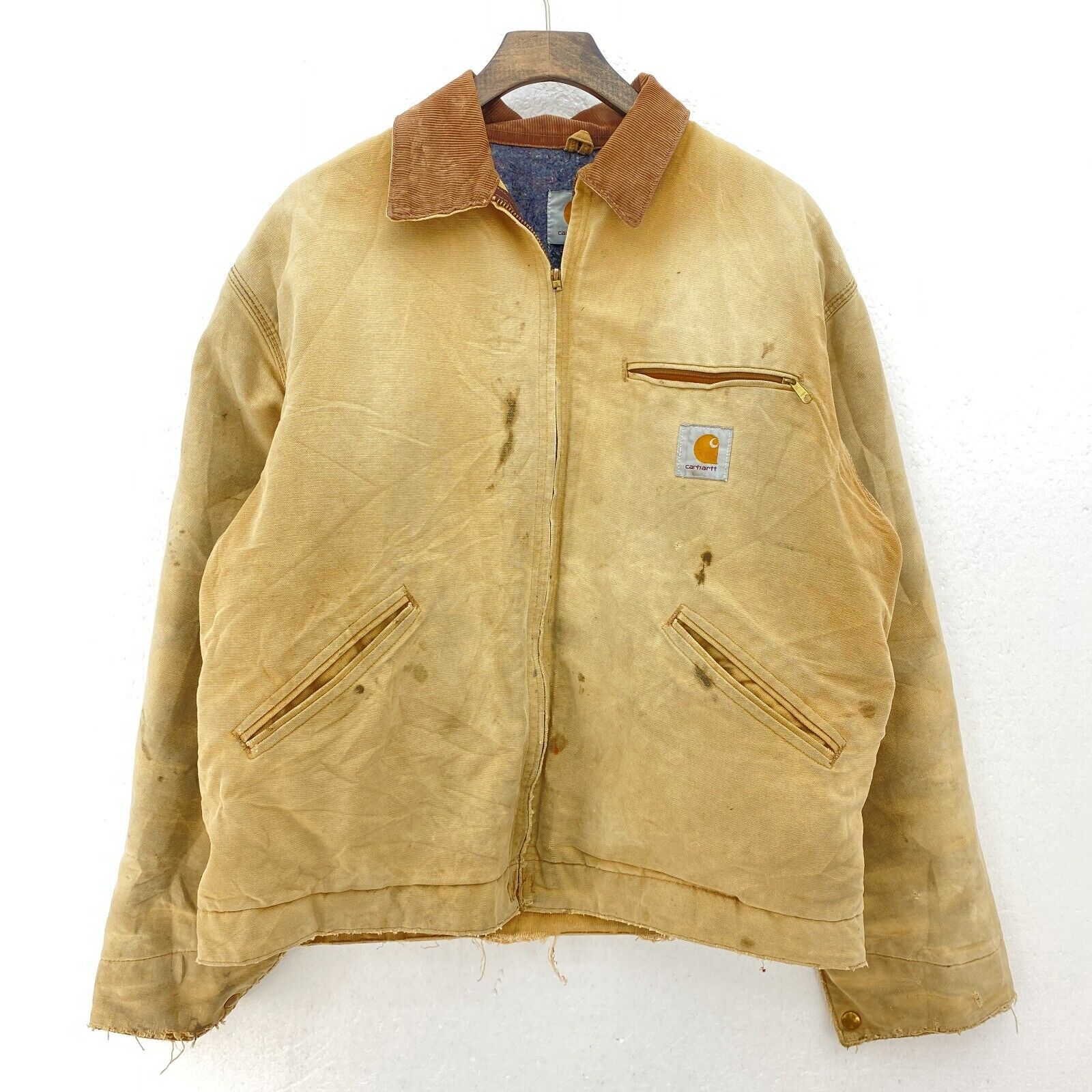 Vintage Carhartt Detroit Distressed Full Zip Fleece Lined Canvas Jacket Beige