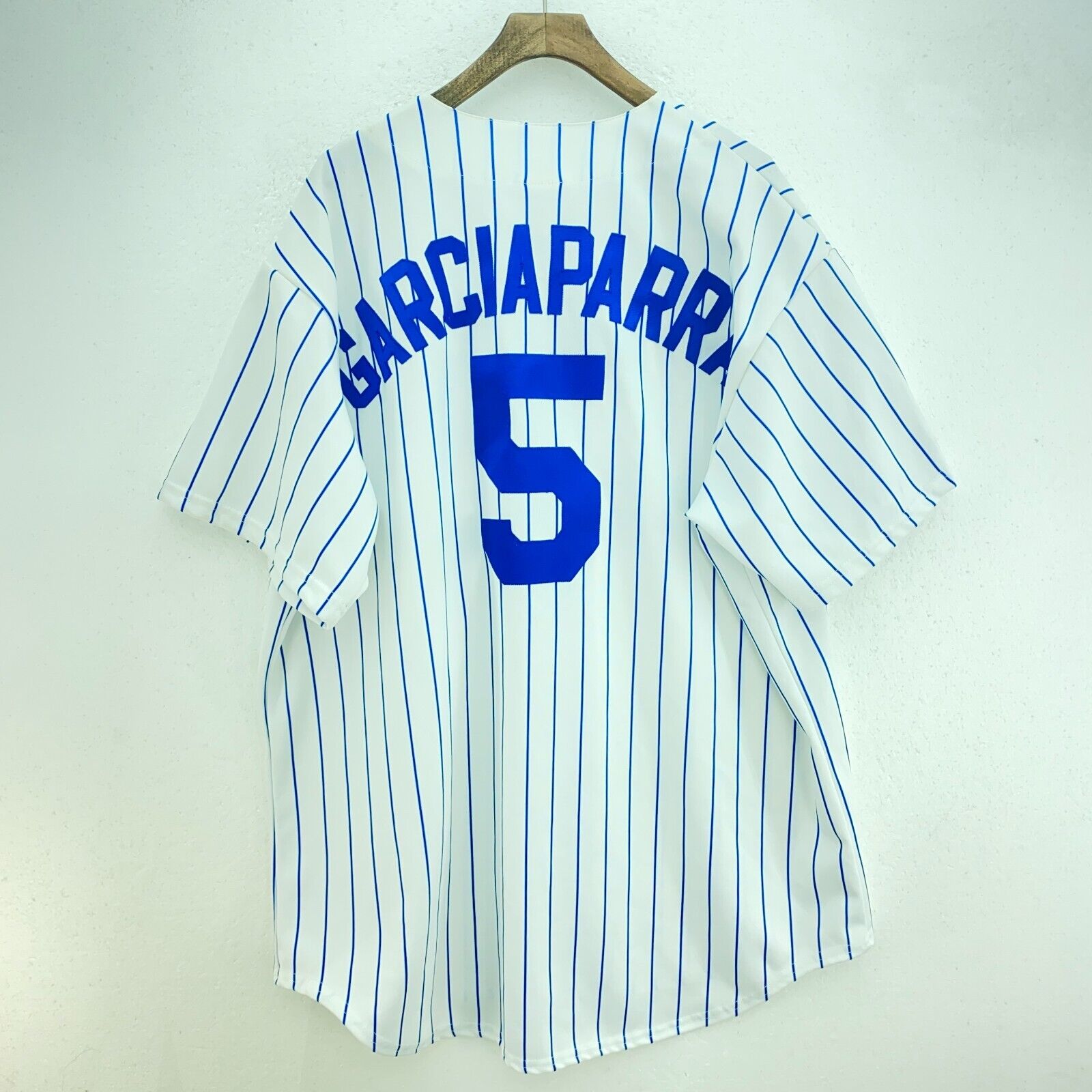 Majestic Pinstripe Chicago Cubs MLB Garciaparra 5 White Button Up Jersey Size XL
