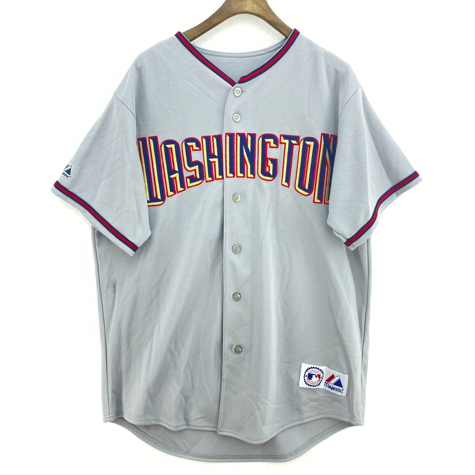 Washington Nationals MLB Spell Out Logo Gray Button Up V-Neck Jersey Size L
