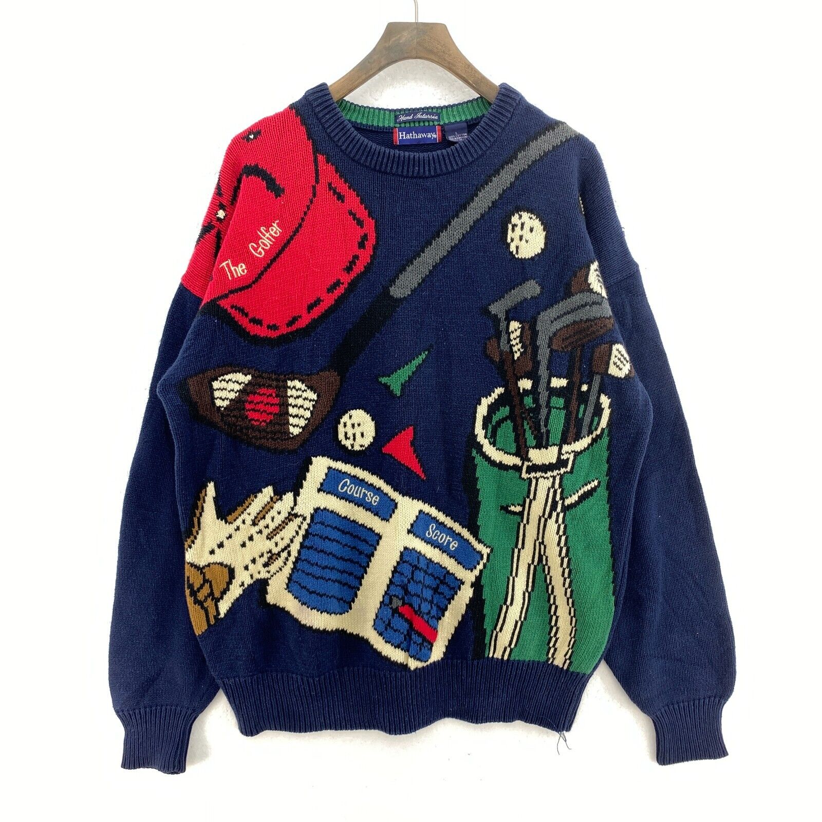 Vintage The Golfer Navy Blue All Over Print Knit Sweater Size L