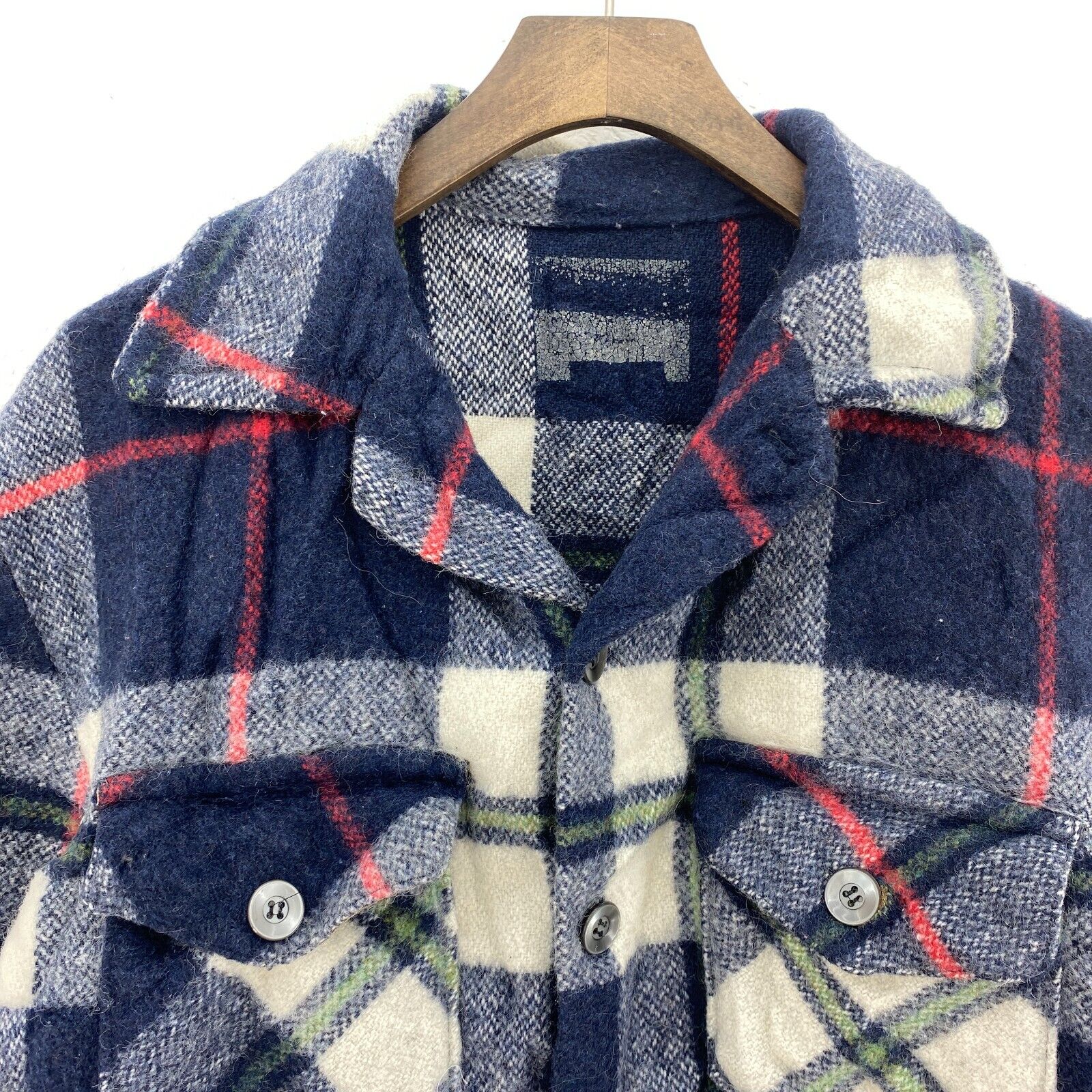 Vintage Navy Blue Checked Button Up 1960s Heavy Wool Shirt Jacket Size M