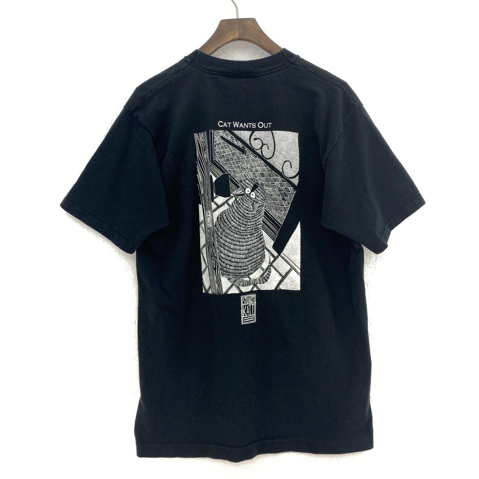 Cat Wants In Cat Wants Out Front And Back Graphic Print Black T-shirt Size L