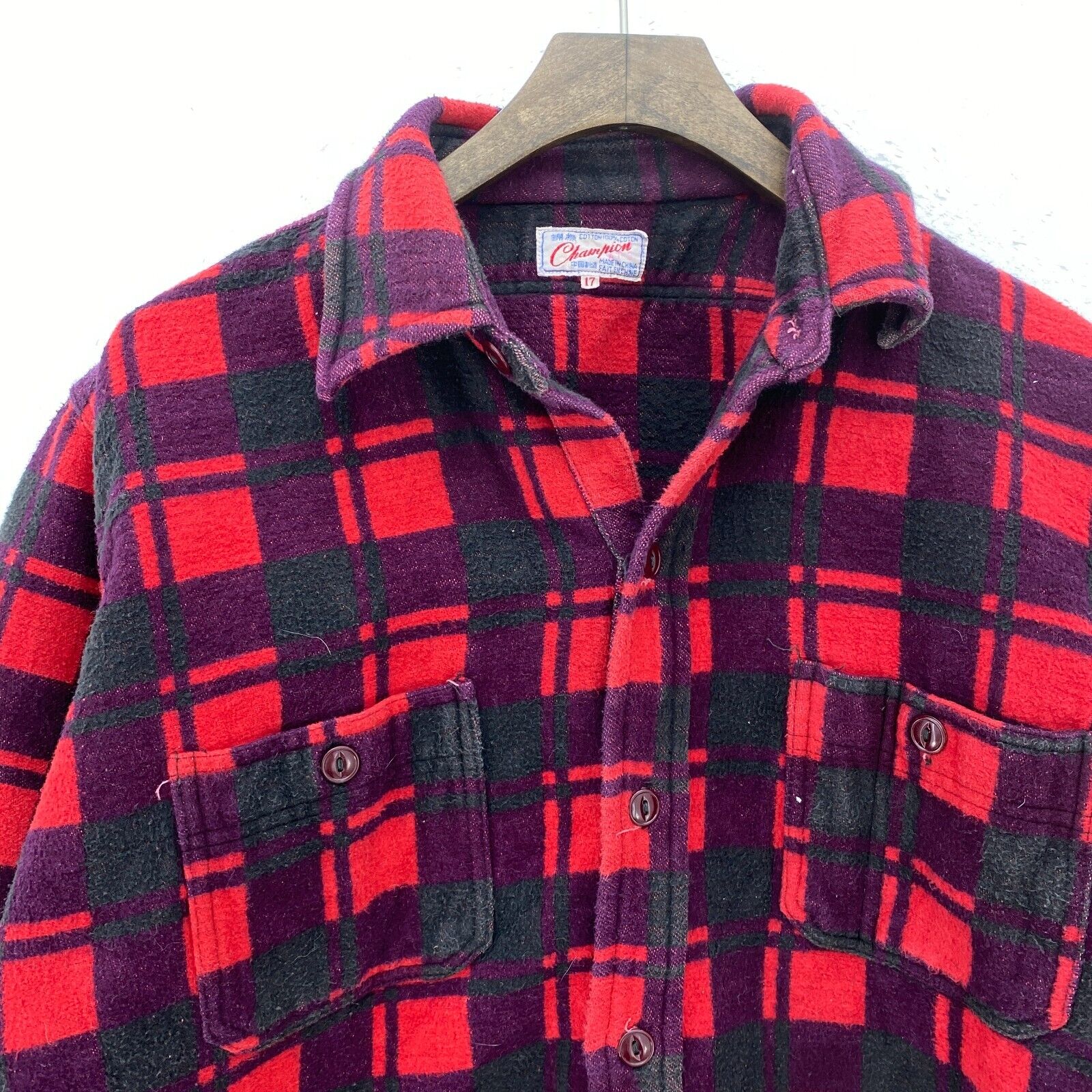 Vintage Champion Red Flannel Button Up Shirt Jacket Size M