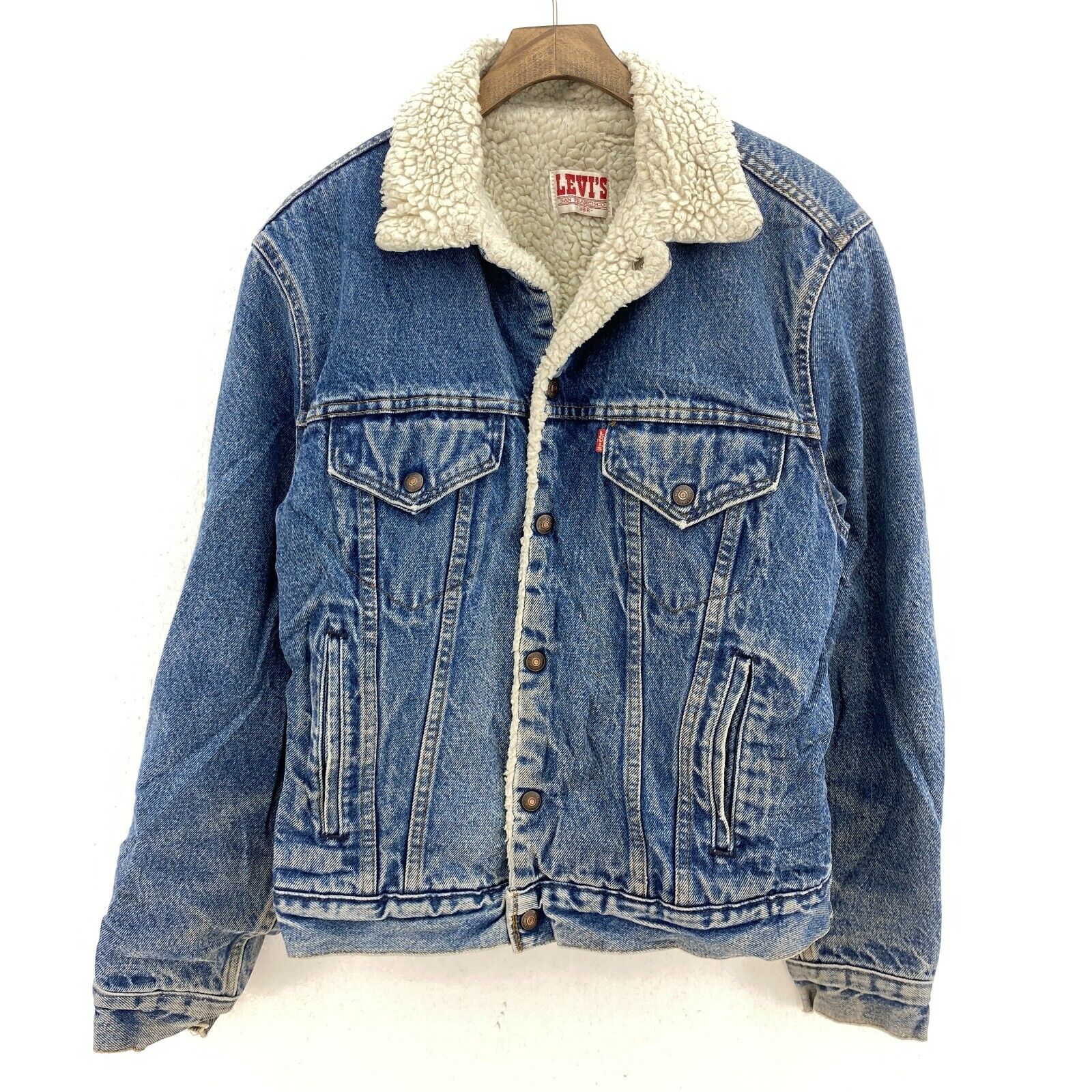 Levi Strauss Sherpa Lined Button Up Medium Wash Blue Denim Jacket Size 38