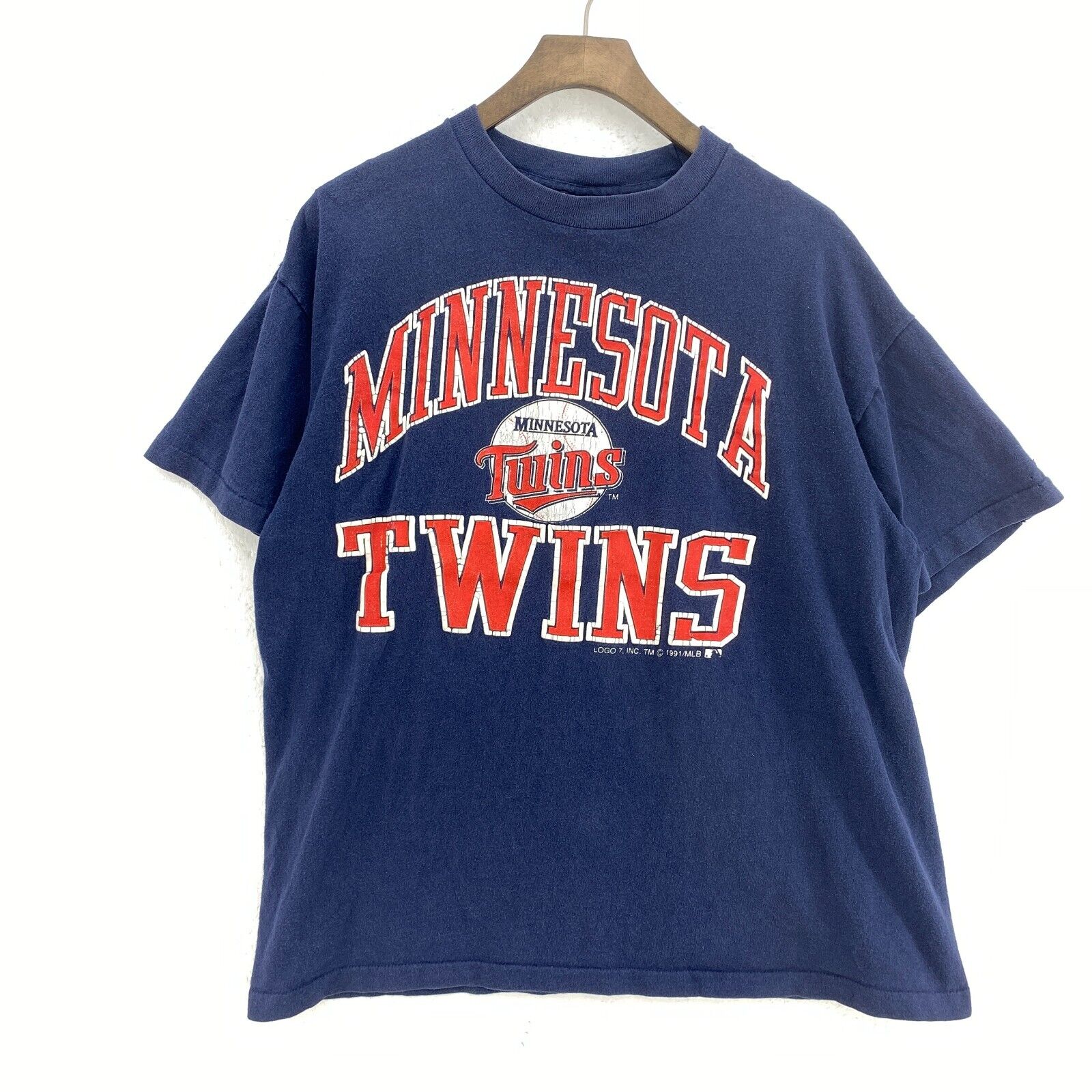Vintage Logo 7 Minnesota Twins 1991 MLB T-shirt Size L Blue Single Stitch