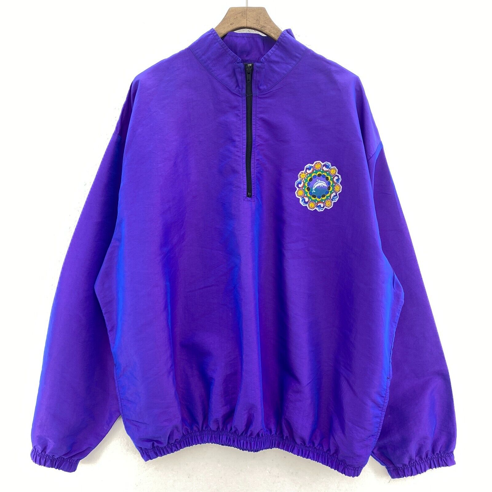 Surf Style Purple Dolphin Print Vintage Quarter Zip Windbreaker Jacket Size XL