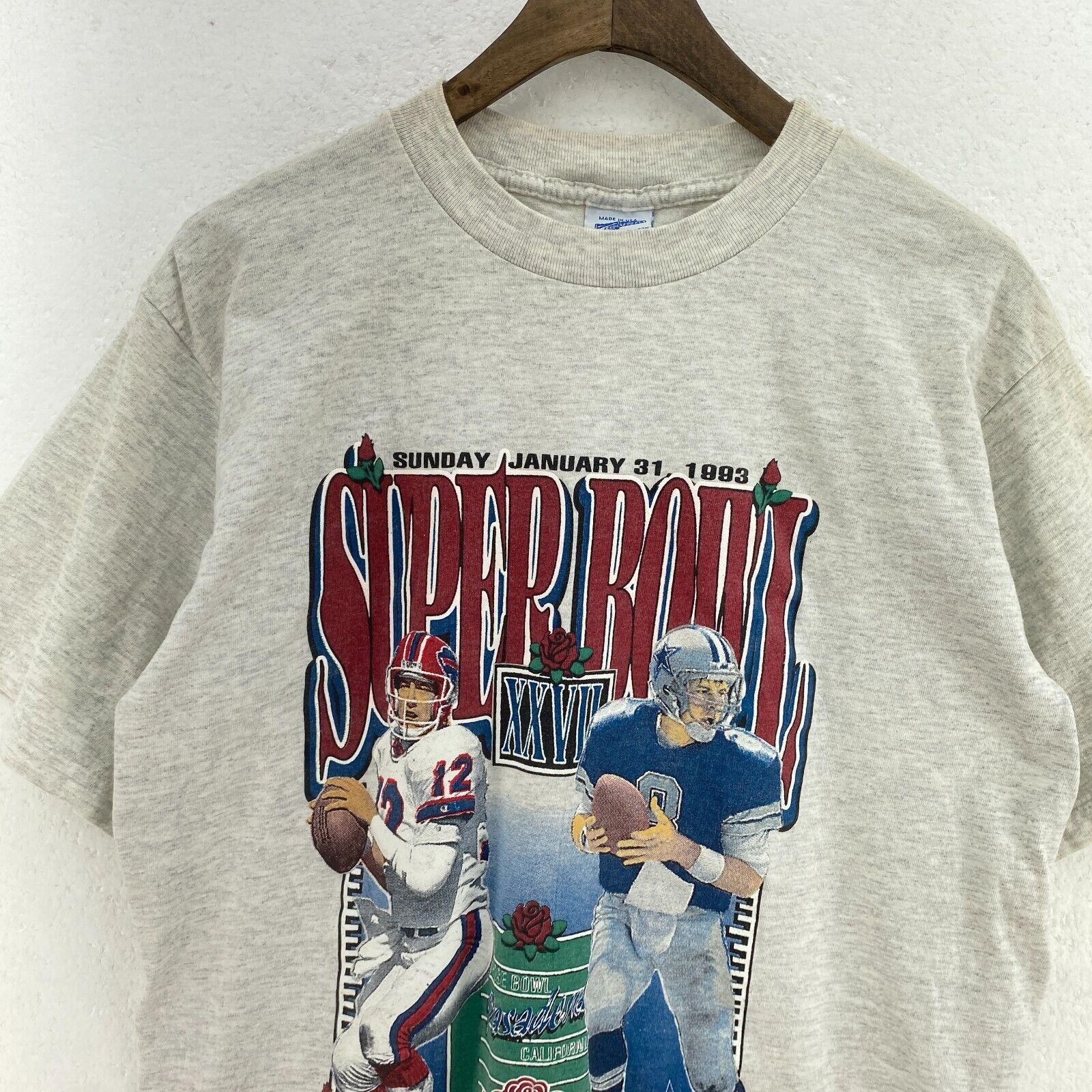 Rose Super Bowl XXVII Buffalo Bills Dallas Cowboys 1993 NFL Gray T-shirt Size M