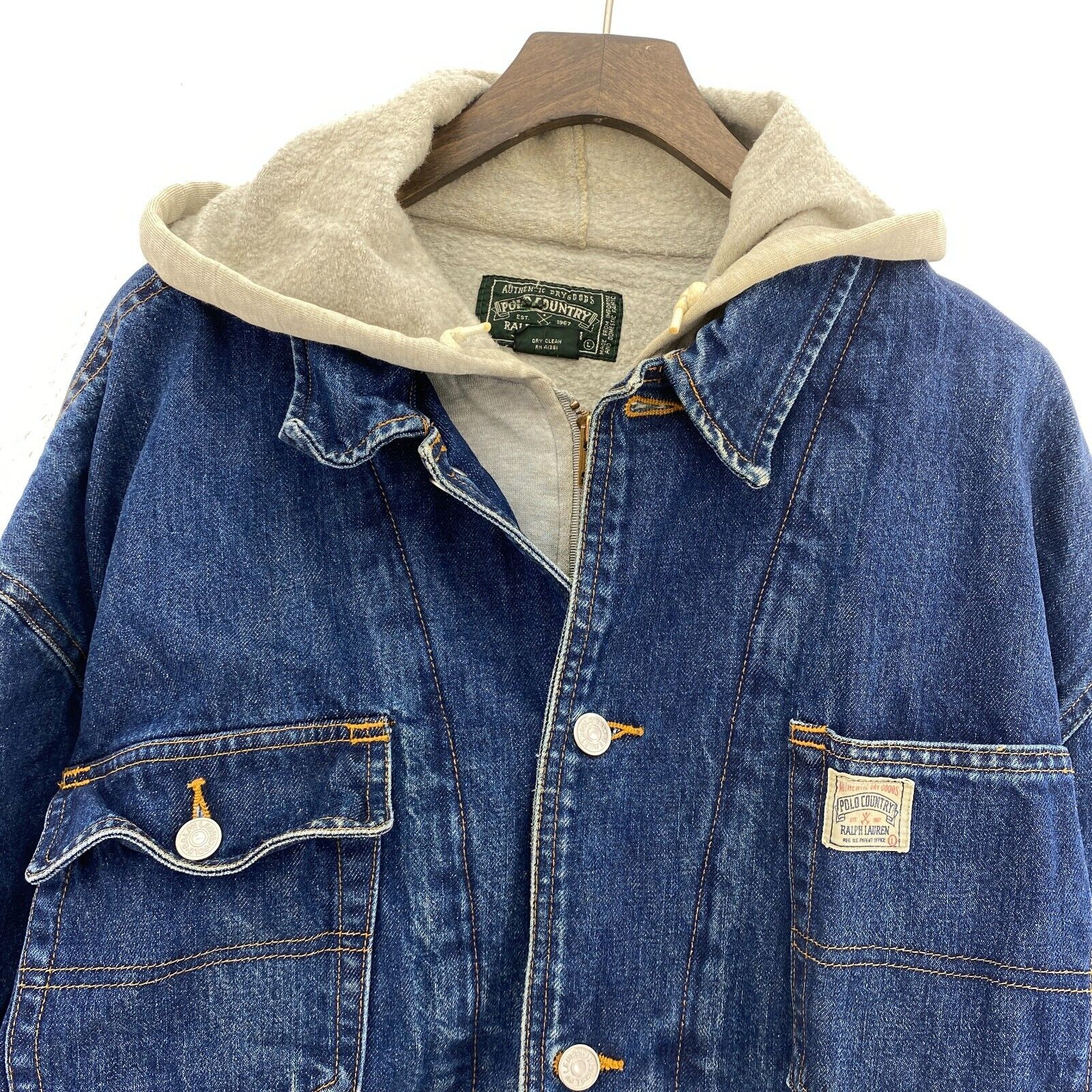 Vintage Polo Ralph Lauren Medium Wash Button Up Denim Hooded Jacket Size L