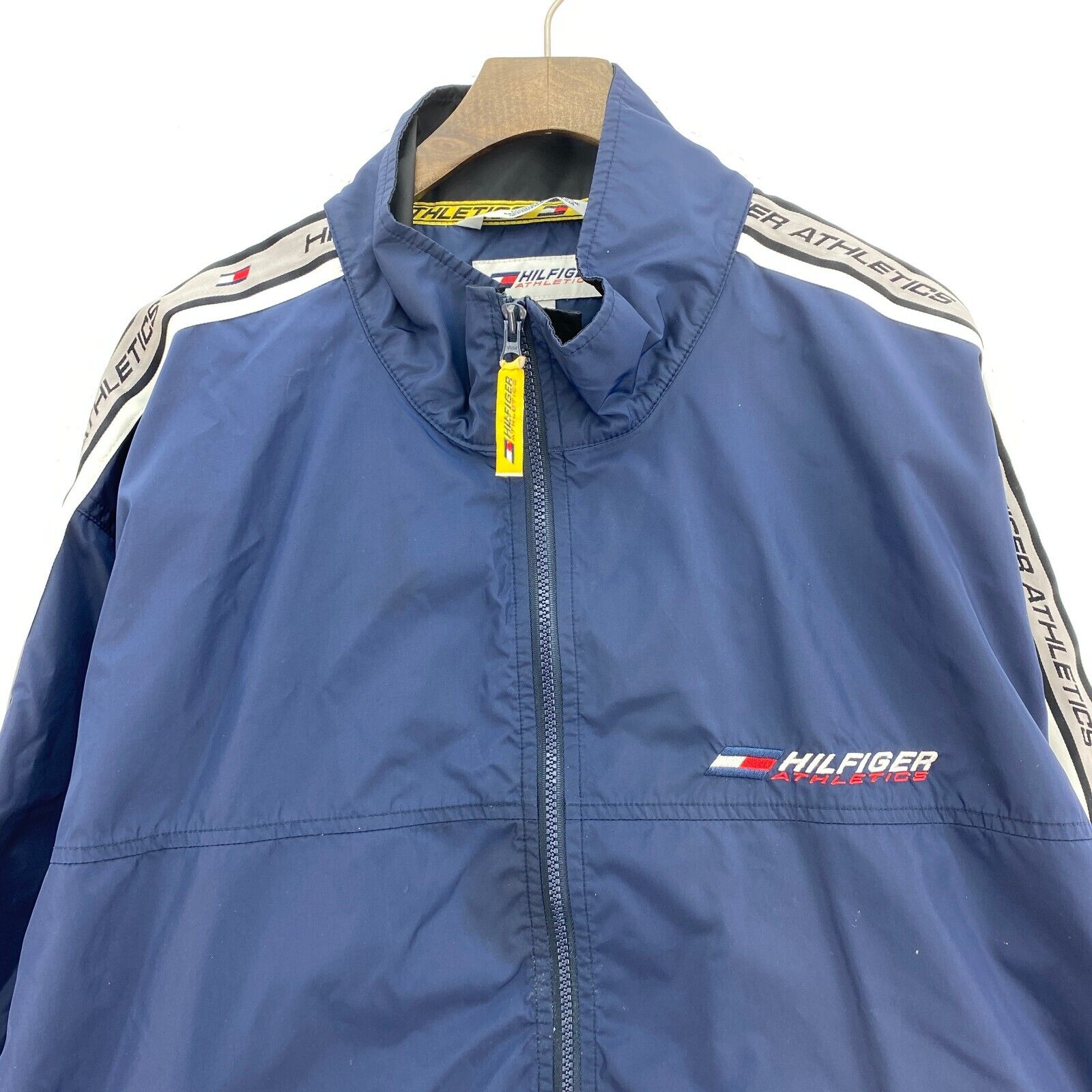 Vintage Tommy Hilfiger Full Zip Sleeve Spell Out Navy Blue Light Jacket Size XL