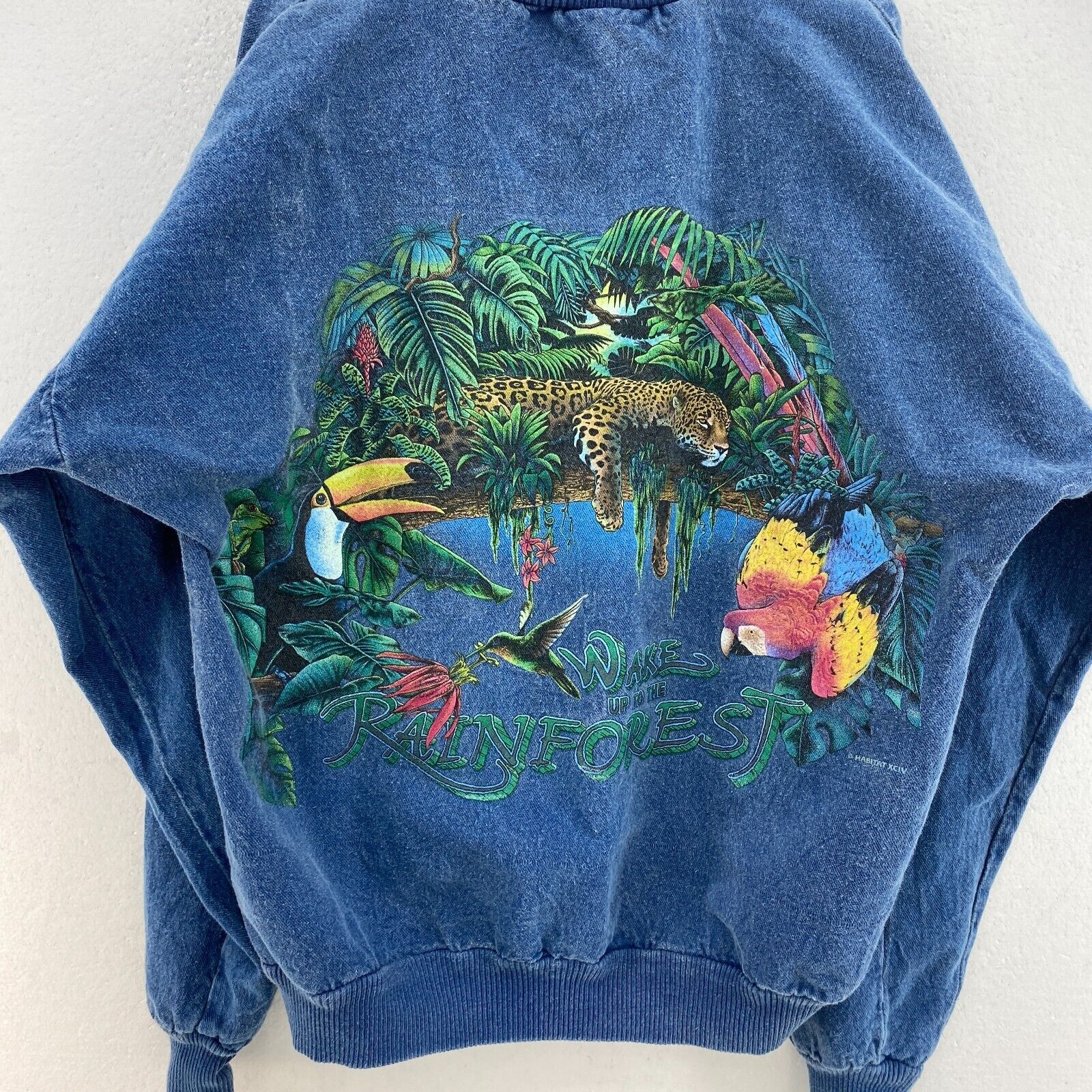 Wake Up To The Rainforest Wild Life Print Blue Pullover Denim Jacket Size L