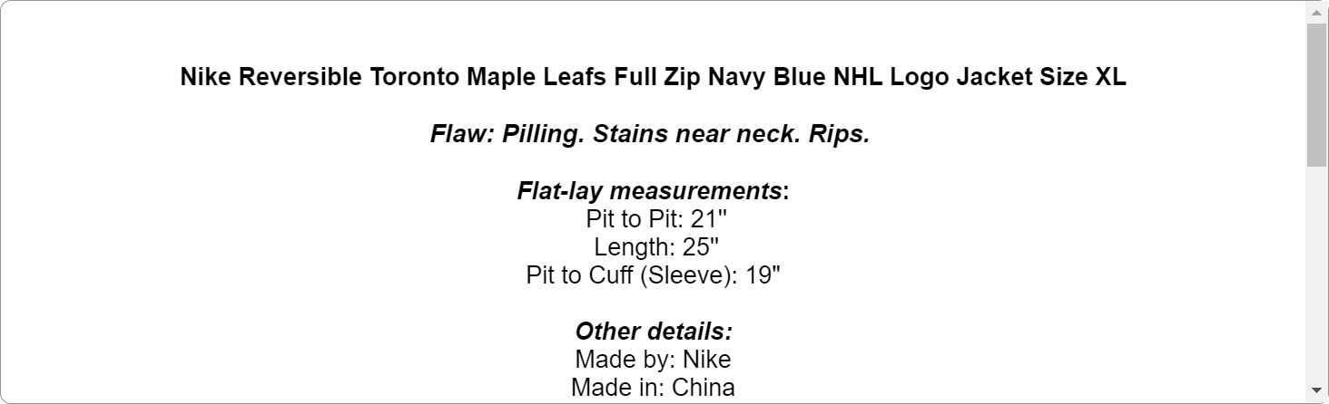 Nike Reversible Toronto Maple Leafs Full Zip Navy Blue NHL Logo Jacket Size XL
