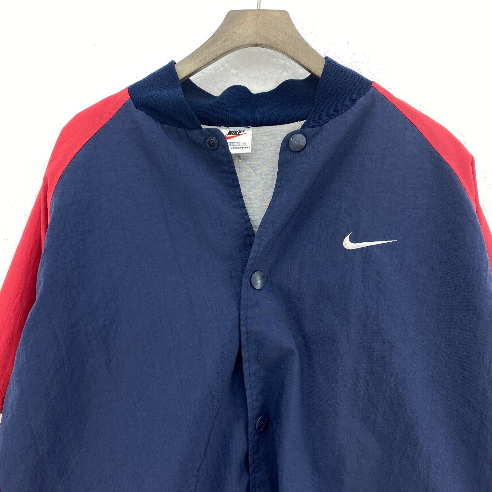 Nike Swoosh Snapped Navy Blue Red Raglan Sleeve Bomber Jacket Size XL