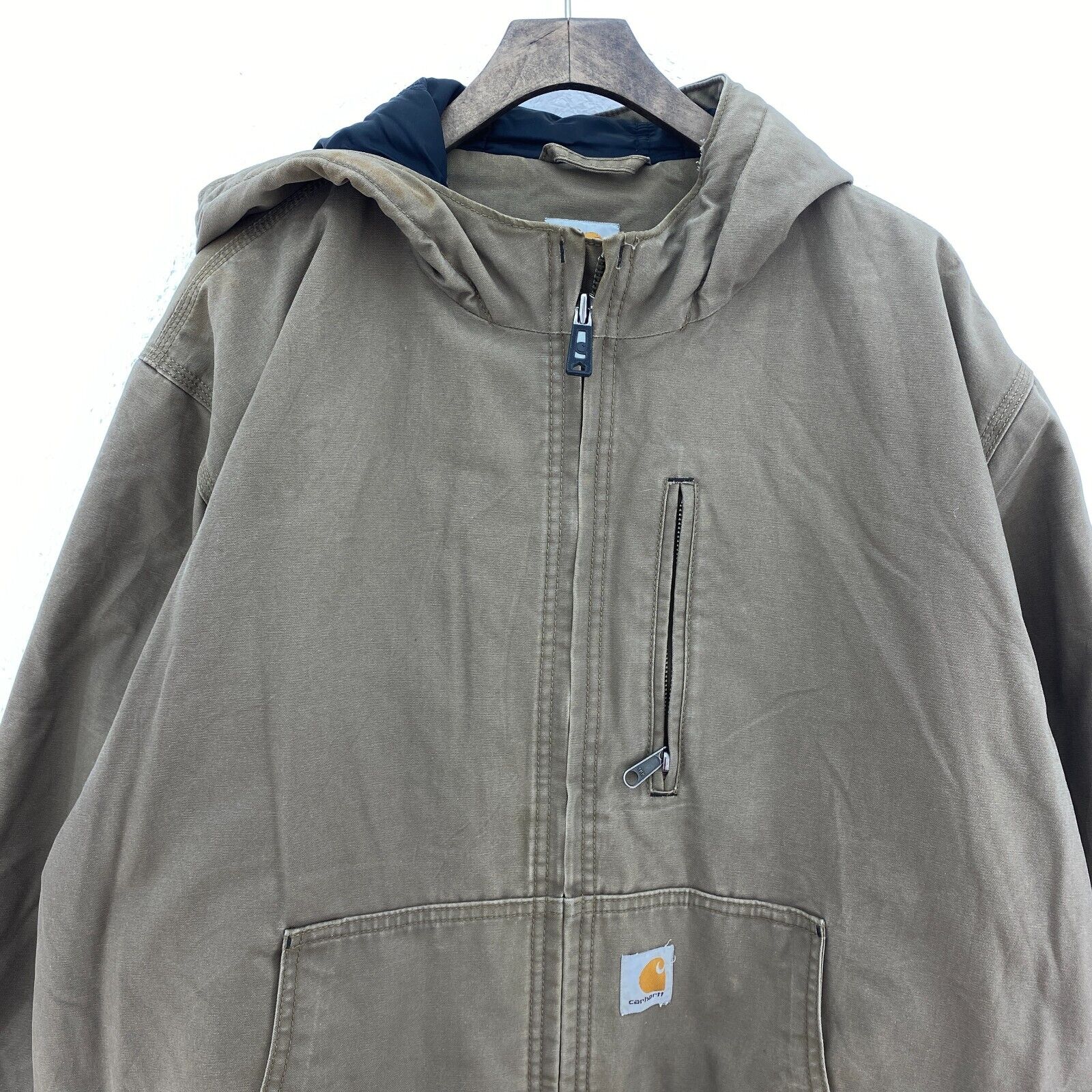 Vintage Carhartt Full Zip Beige Hooded Canvas Jacket Size L