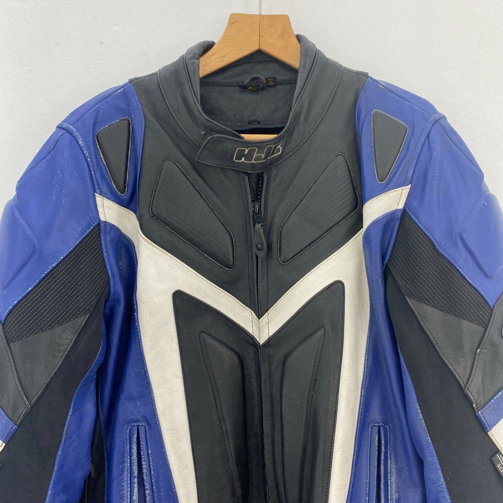 HJC Apparel Black Blue Leather Biker Jacket Size 48 Armoured Elbow & Shoulder