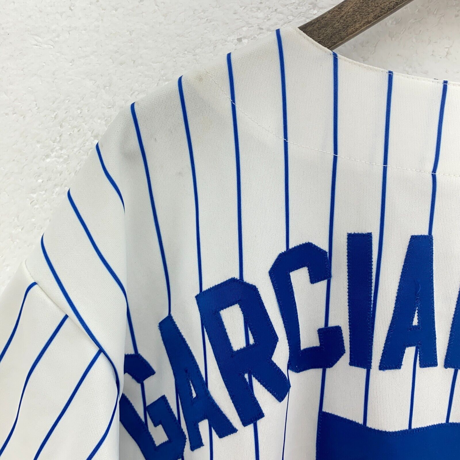 Majestic Pinstripe Chicago Cubs MLB Garciaparra 5 White Button Up Jersey Size XL