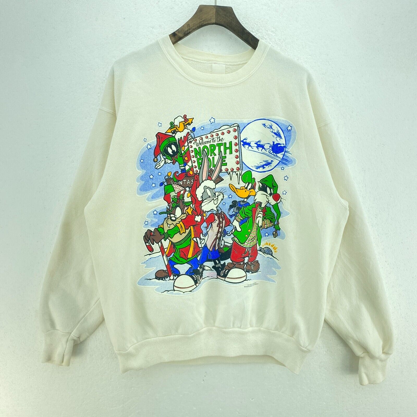 Warner Bros North Pole Taz Bugs Bunny 1994 White Sweatshirt Size L