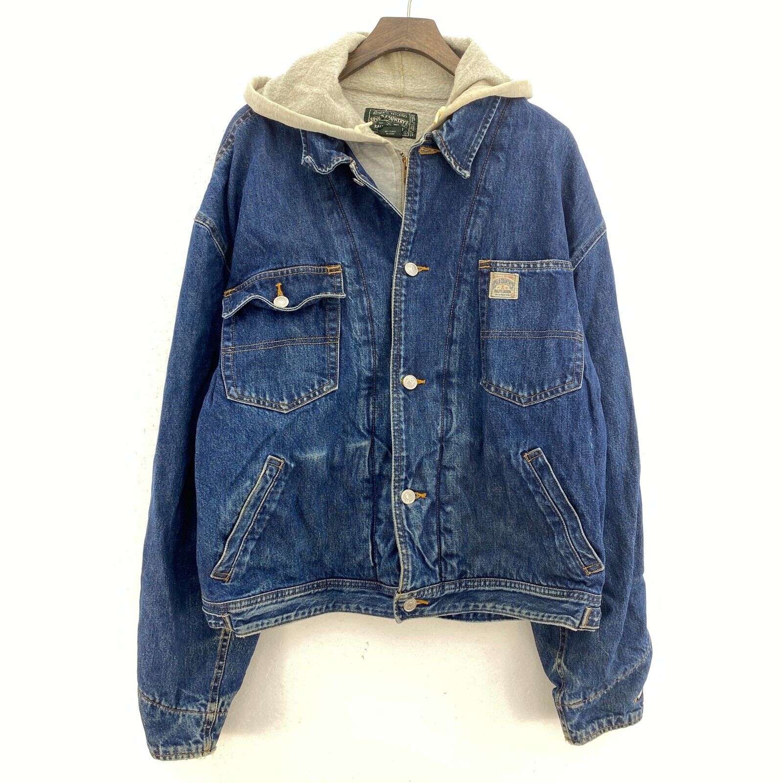 Vintage Polo Ralph Lauren Medium Wash Button Up Denim Hooded Jacket Size L