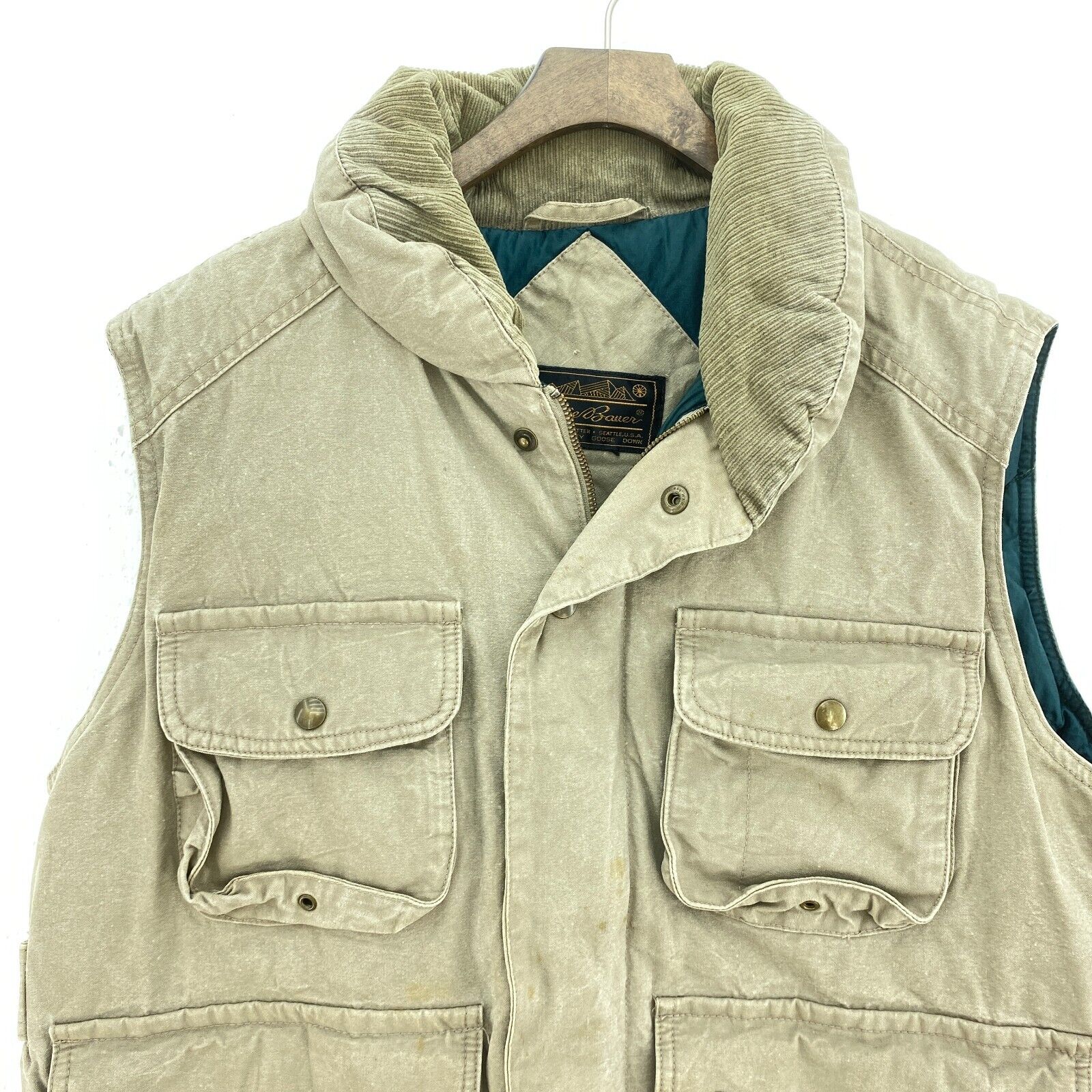 Eddie Bauer Goose Down Full Zip Earth Tone Green Full Zip Vest Jacket Size M