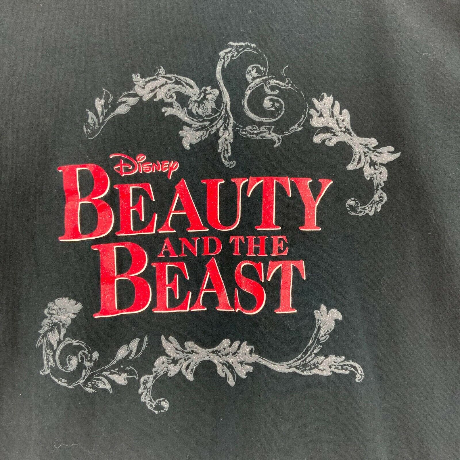 Disney Beauty and The Beast Floral Glitter Black Women's T-shirt Size S