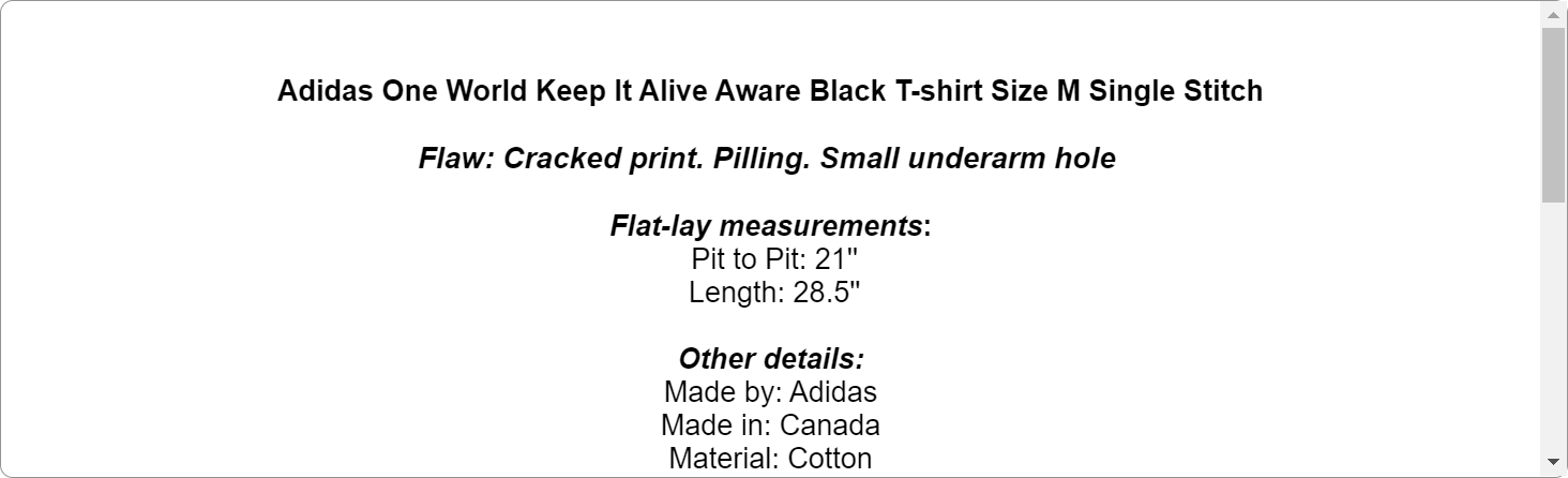 Adidas One World Keep It Alive Aware Black T-shirt Size M Single Stitch