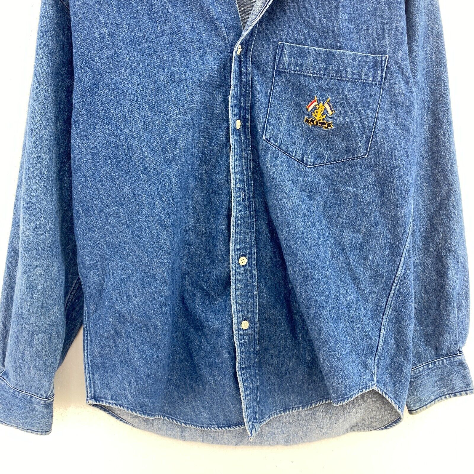 Ralph Lauren Button Up Single Embroidered Pocket Denim Blue Shirt Size 8 Women's