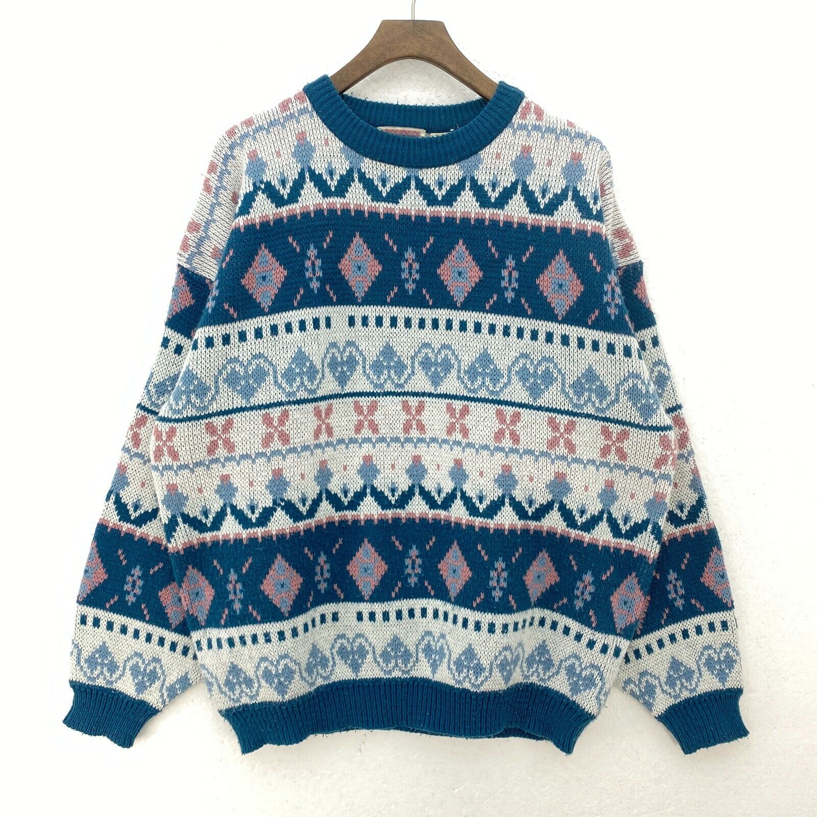 Vintage Pattern Blue Crew Neck Knit Sweater Size M