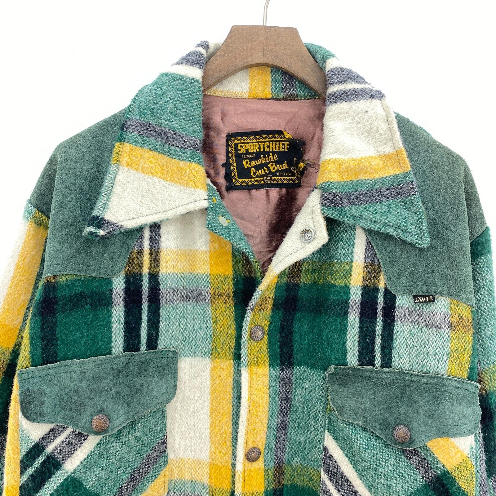 Vintage Green Checked Double Pocket Snapped LWL Wool Shirt Jacket Size L