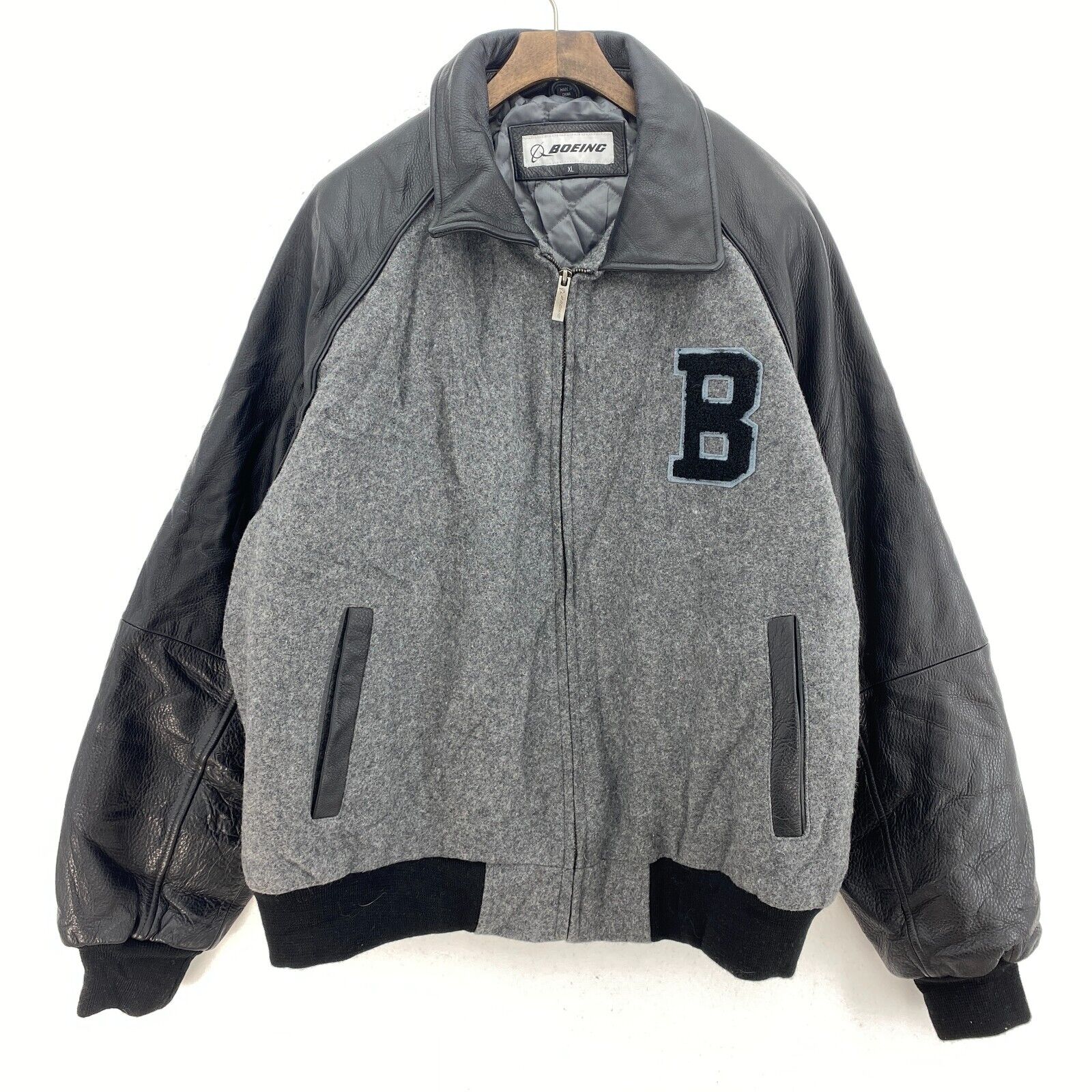 Vintage Boeing Varsity Bomber Jacket Patched Gray Zip Up Size XL