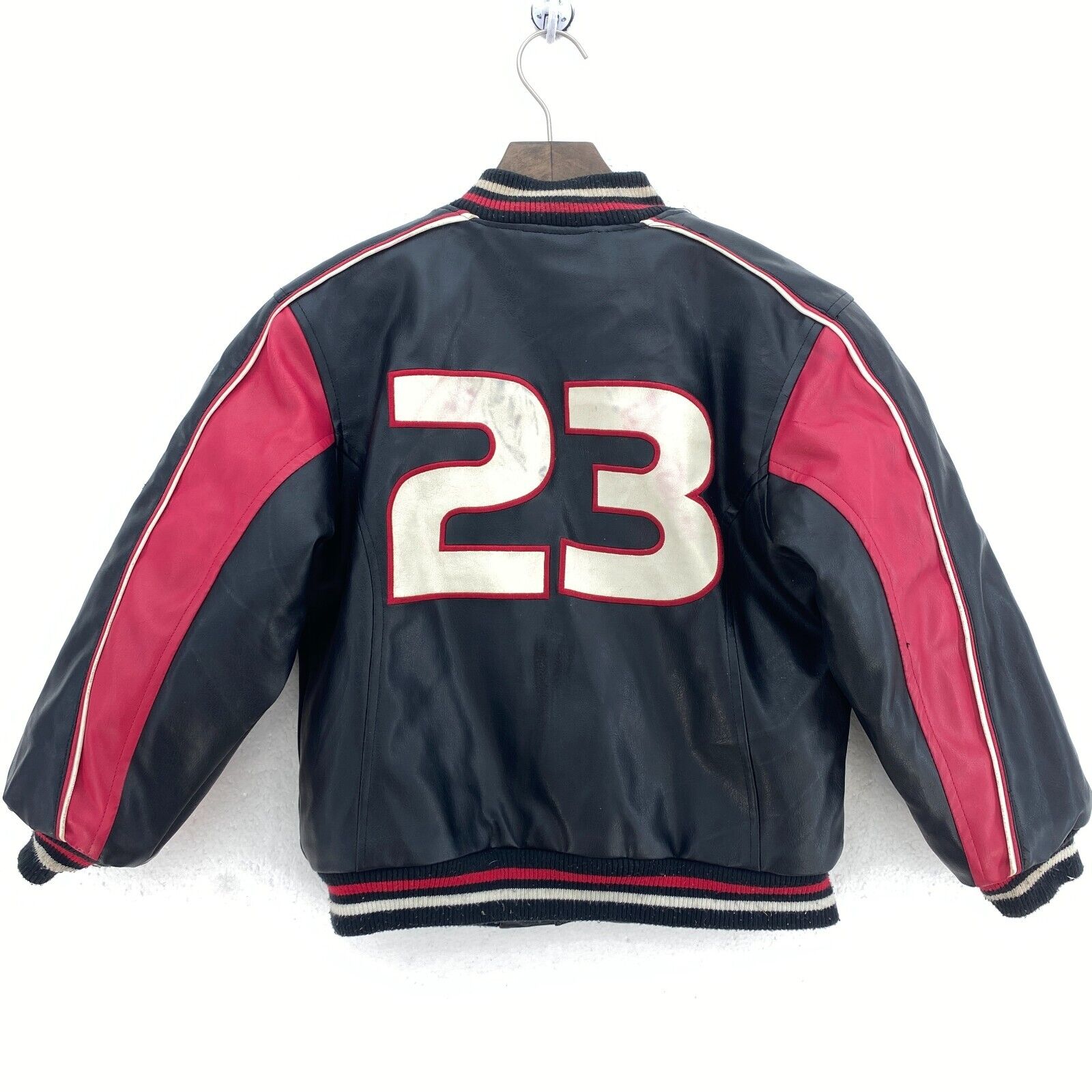 Nike Air Jordan Full Zip Black Red Leather Jacket Size S Kids