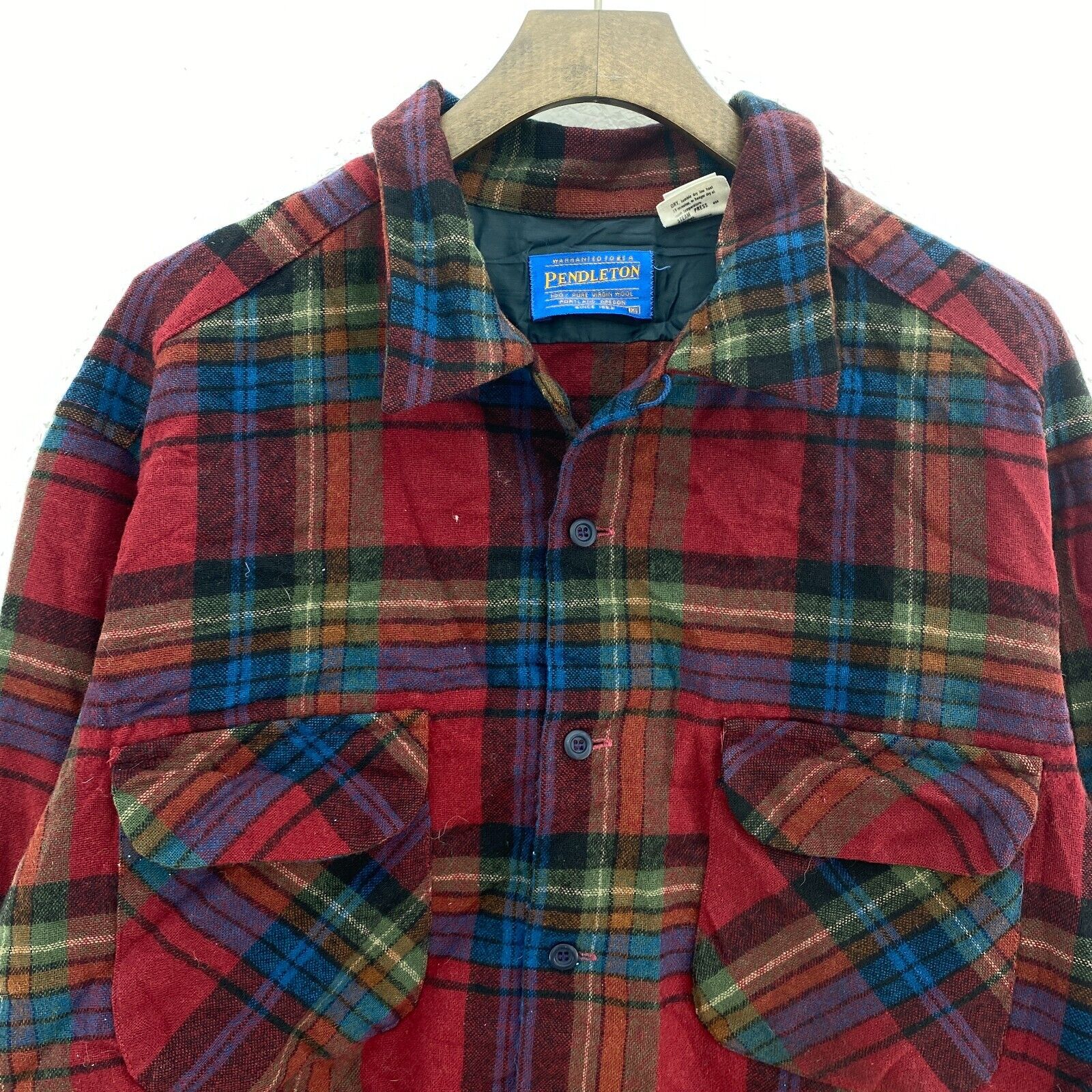 Vintage Pendleton Wool Checked Red Button Up Shirt Size XL Looped Collar