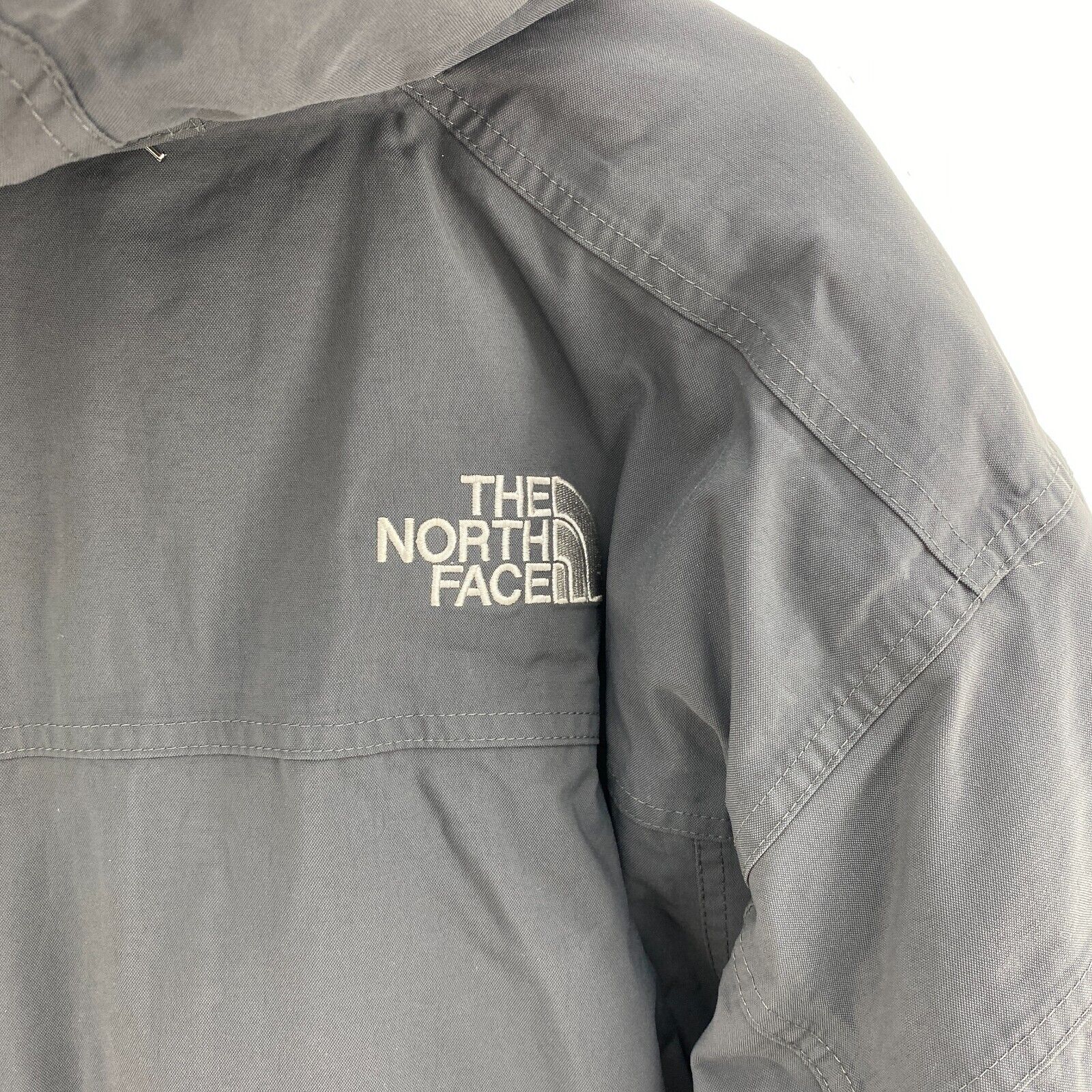 The North Face Hyvent Logo Full Zip Hooded Gray Insulated Long Jacket Size L
