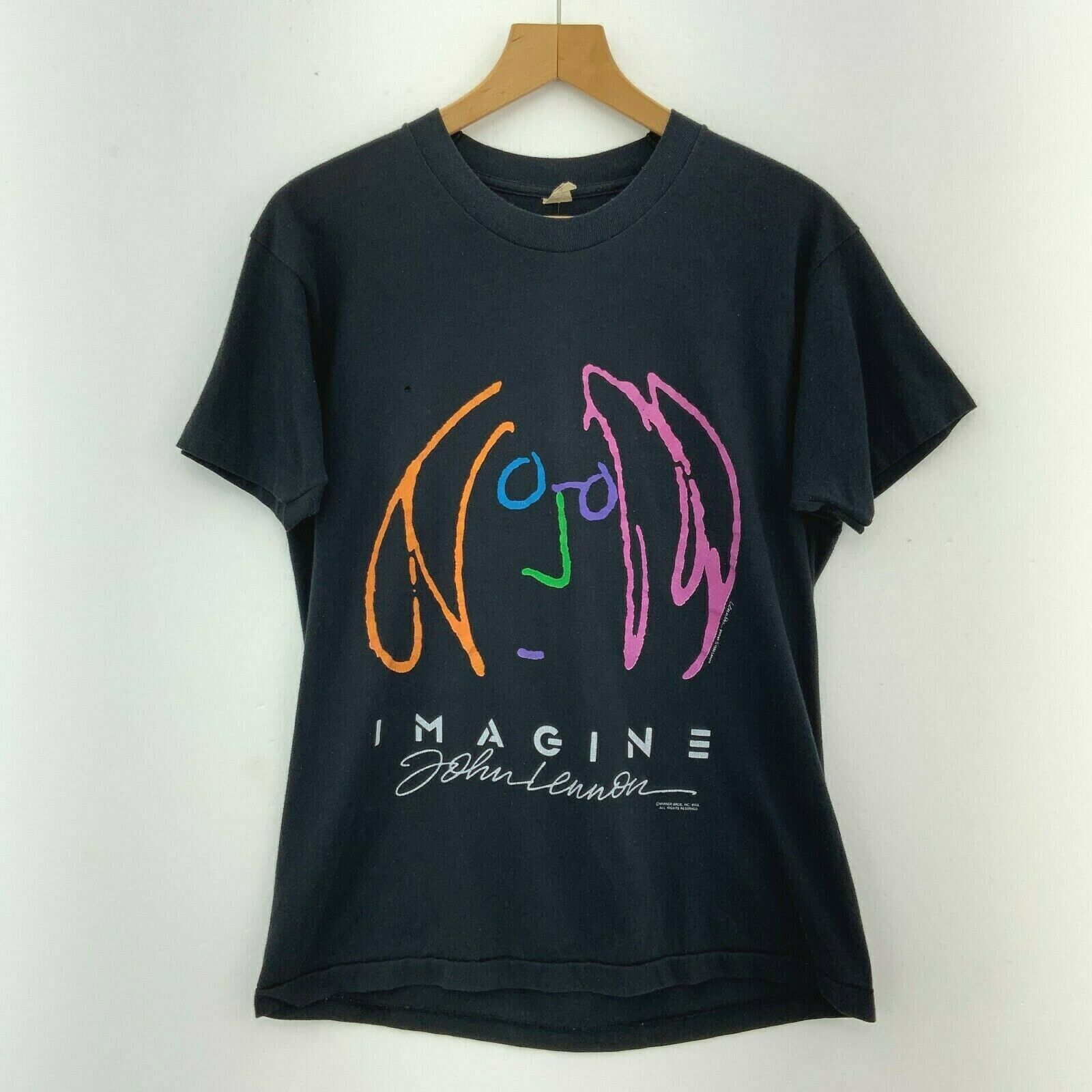 1988 Warner Bros Imagine John Lennon Portrait Beatles Black T-shirt Size L