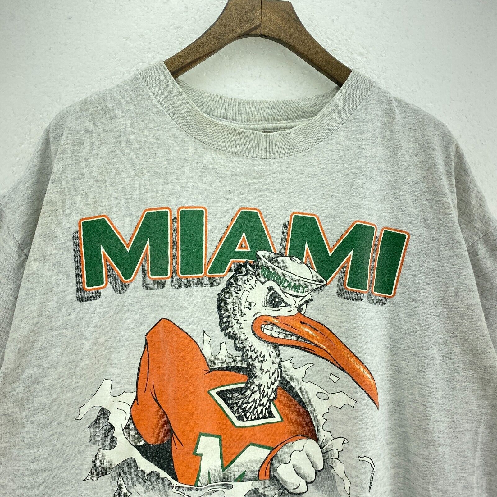 Vintage Nutmeg Miami Hurricanes T-shirt Size XL Gray NCAA Both Sides Print USA