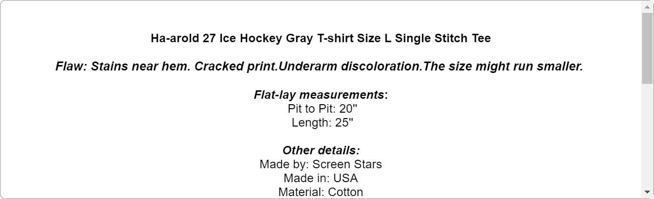 Ha-arold 27 Ice Hockey Gray T-shirt Size L Single Stitch Tee