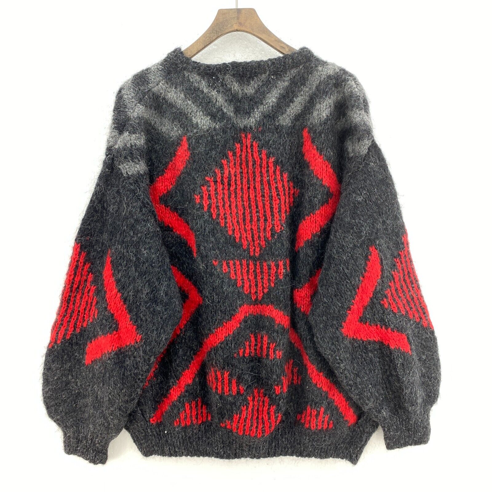 Vintage Wool Knit Gray Red Button Up Cardigan Sweater Size M