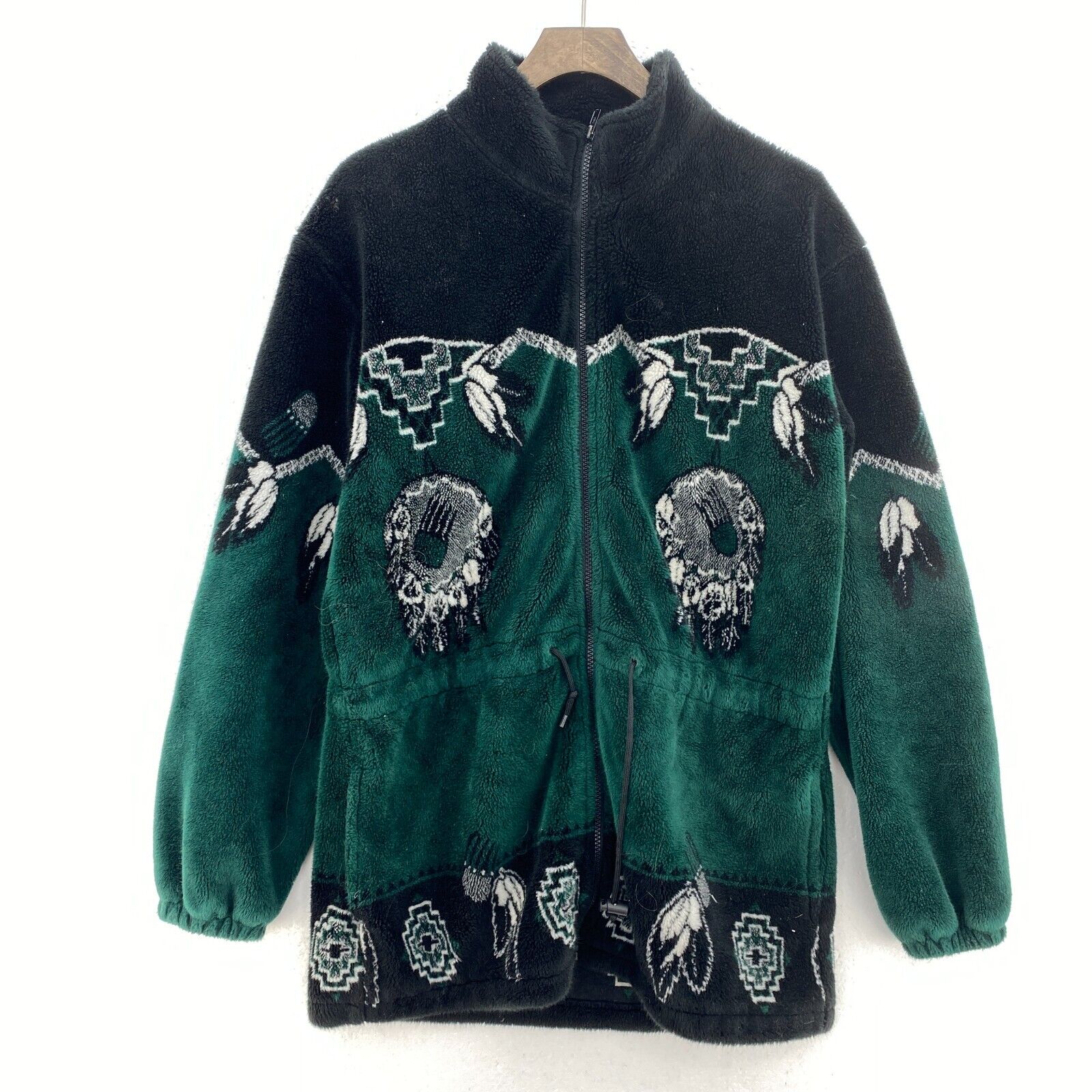 Vintage Full Zip Tribal Print Green Fleece Jacket Size M